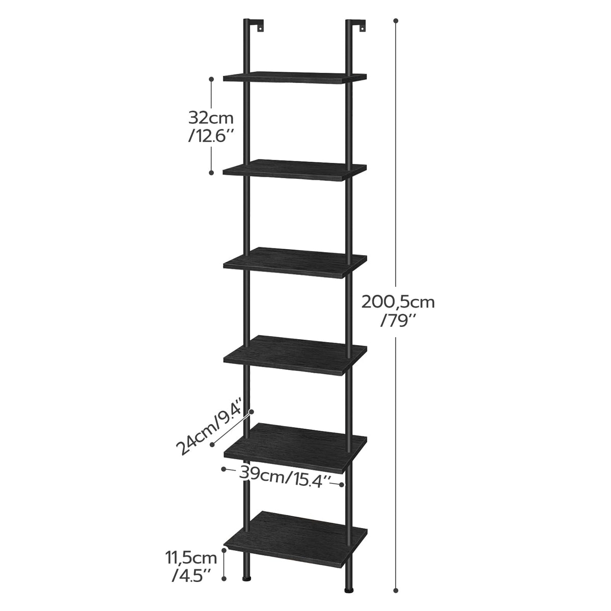 Black 6-Tier Wooden Wall Mounted Ladder Shelf H657