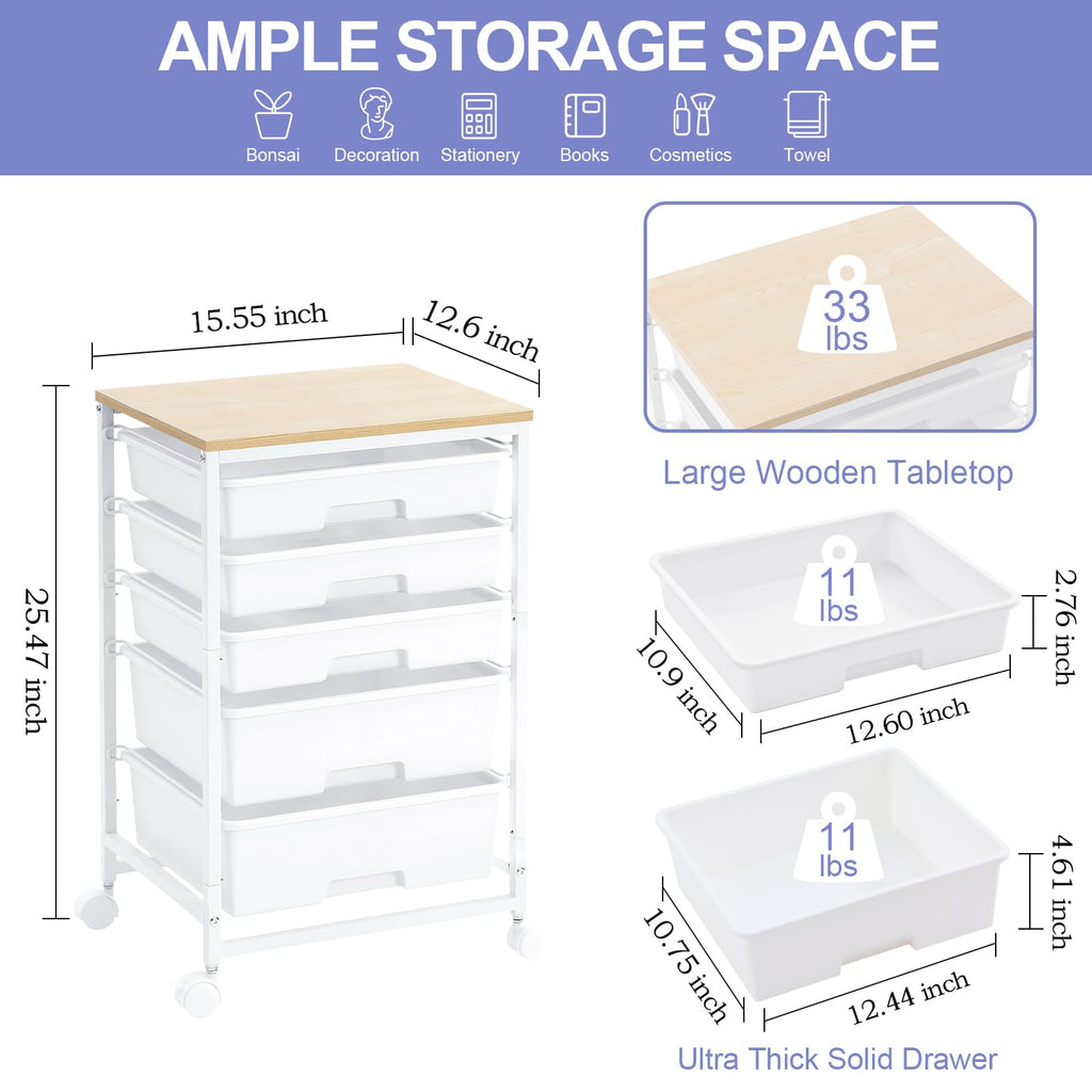 Rolling Cart with 5 Drawers Bright White Y3232