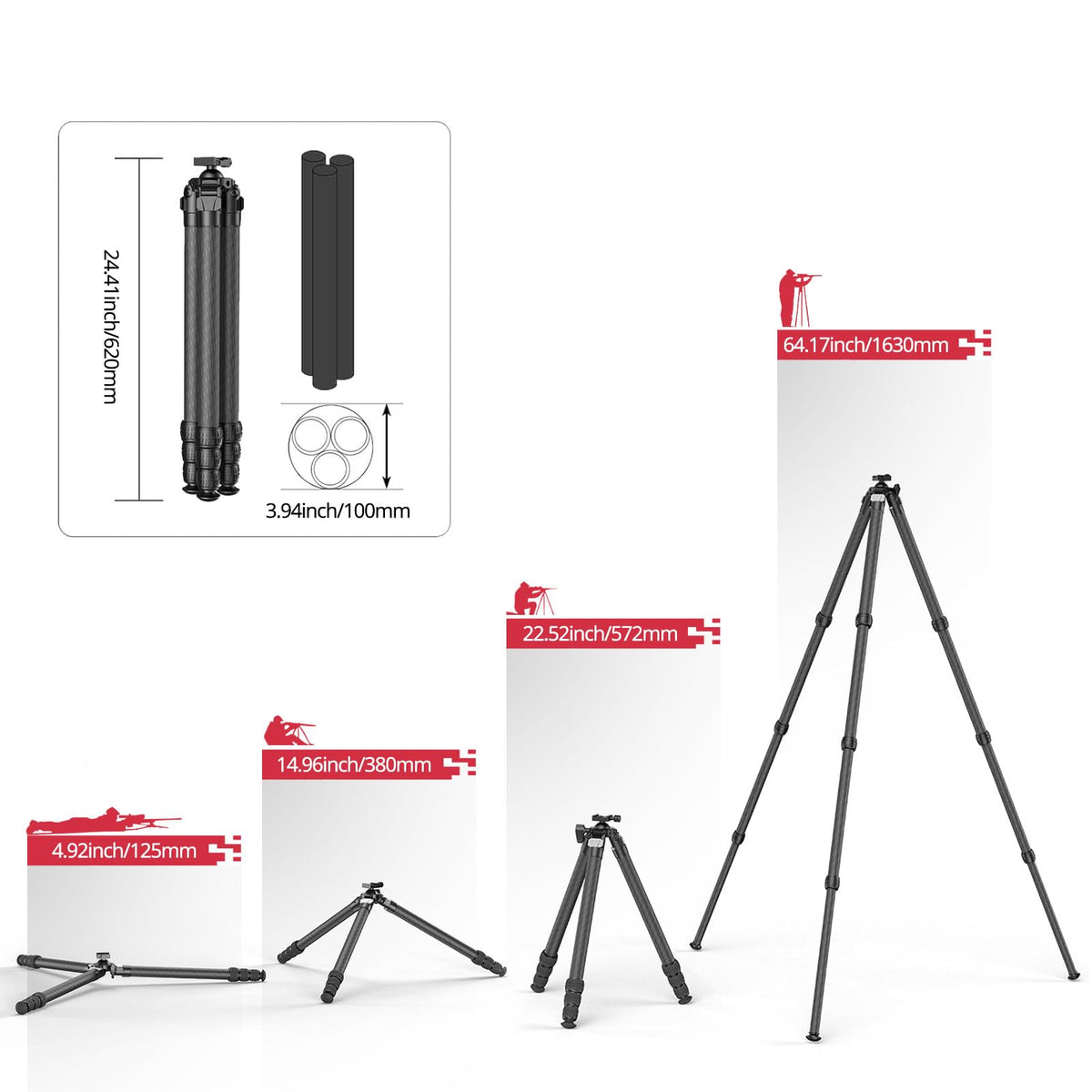 Carbon Fiber Hunting Tripod with Bubble Level and Ball Head K1843