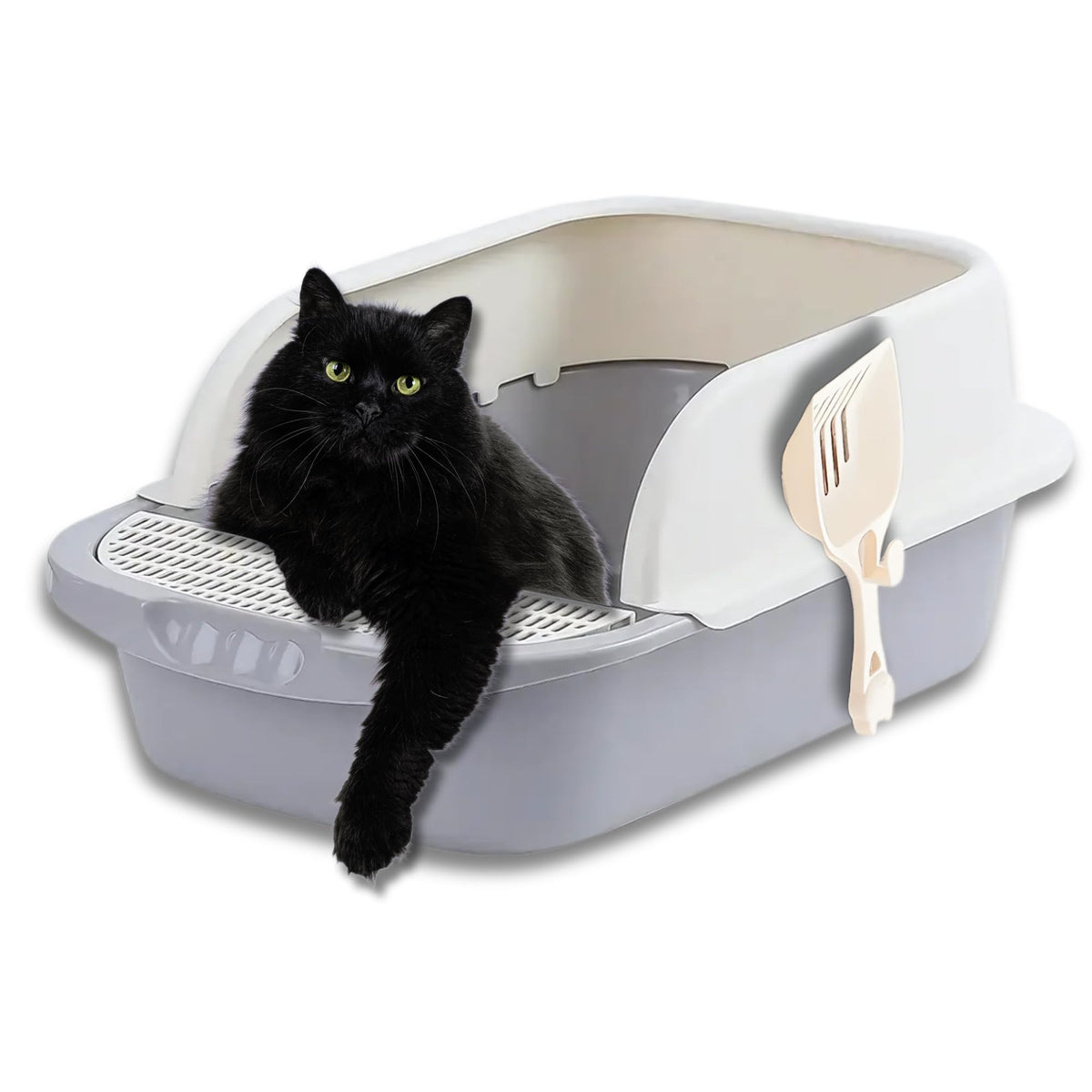 Large Open-Top Cat Litter Box with High Sides and Scoop I121979