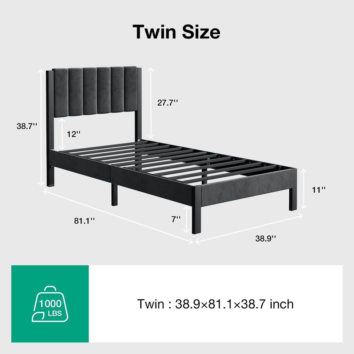 Twin Size Metal Platform Bed Frame with Velvet Headboard and Footboard M286