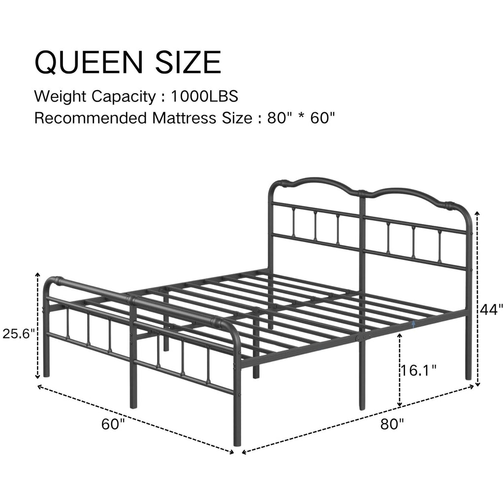 Queen Size Black Metal Platform Bed Frame with Headboard U9680