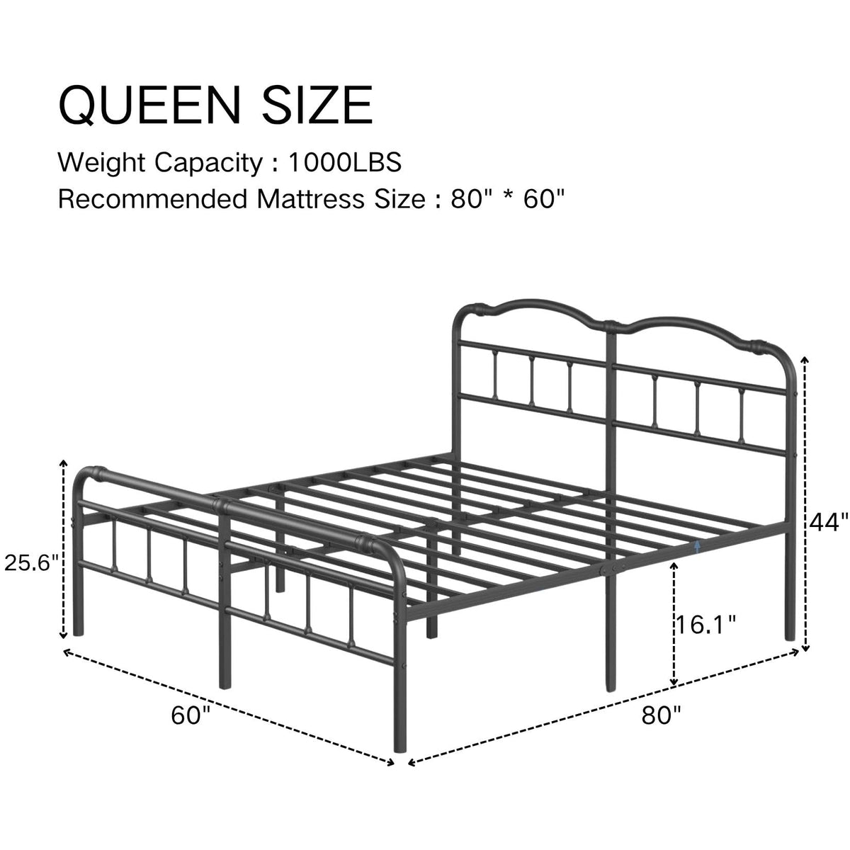 Queen Size Black Metal Platform Bed Frame with Headboard U9680