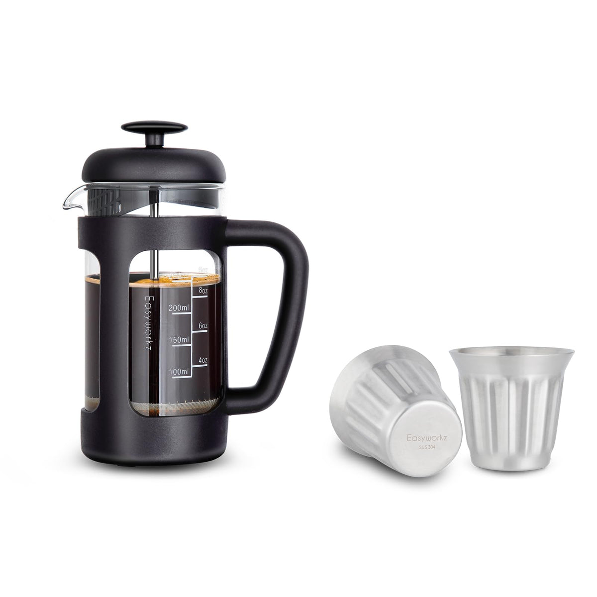 French Press 12 oz and Stainless Steel Double-Wall Espresso Cups 5 oz Set of 2 G46309