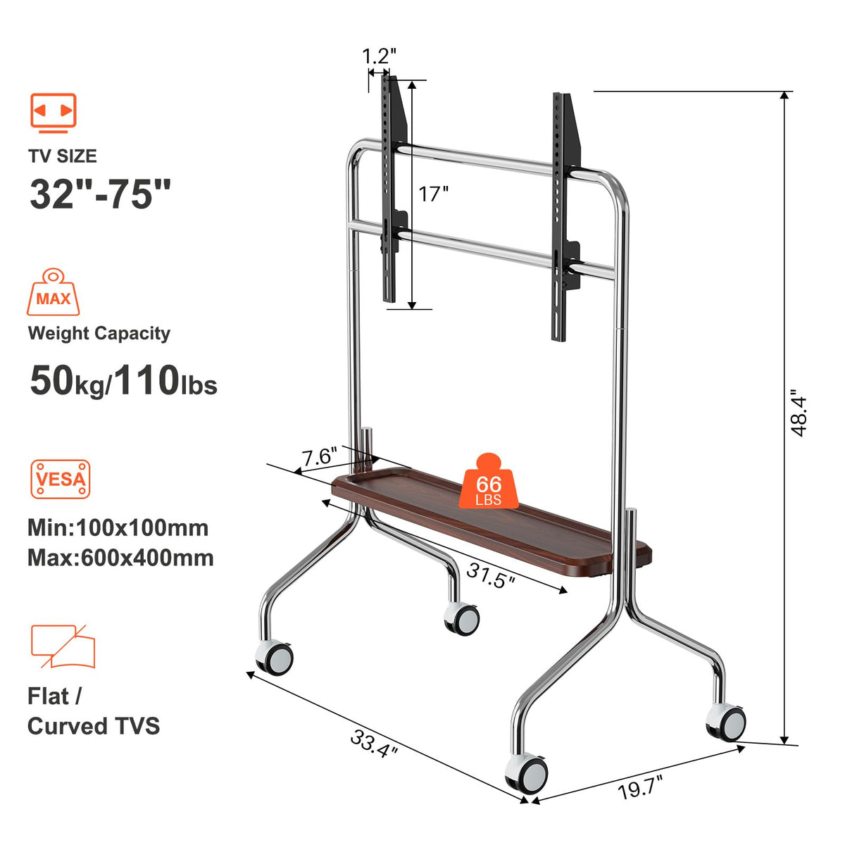 Rolling TV Stand for 32-75" TVs with Shelf M1160