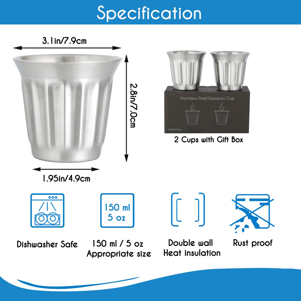 French Press 12 oz and Stainless Steel Double-Wall Espresso Cups 5 oz Set of 2 G46309