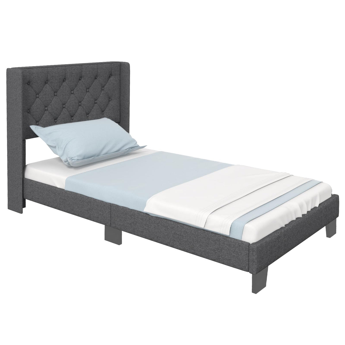 Twin Fabric Upholstered Platform Bed with Wingback Button Tufted Headboard N827049