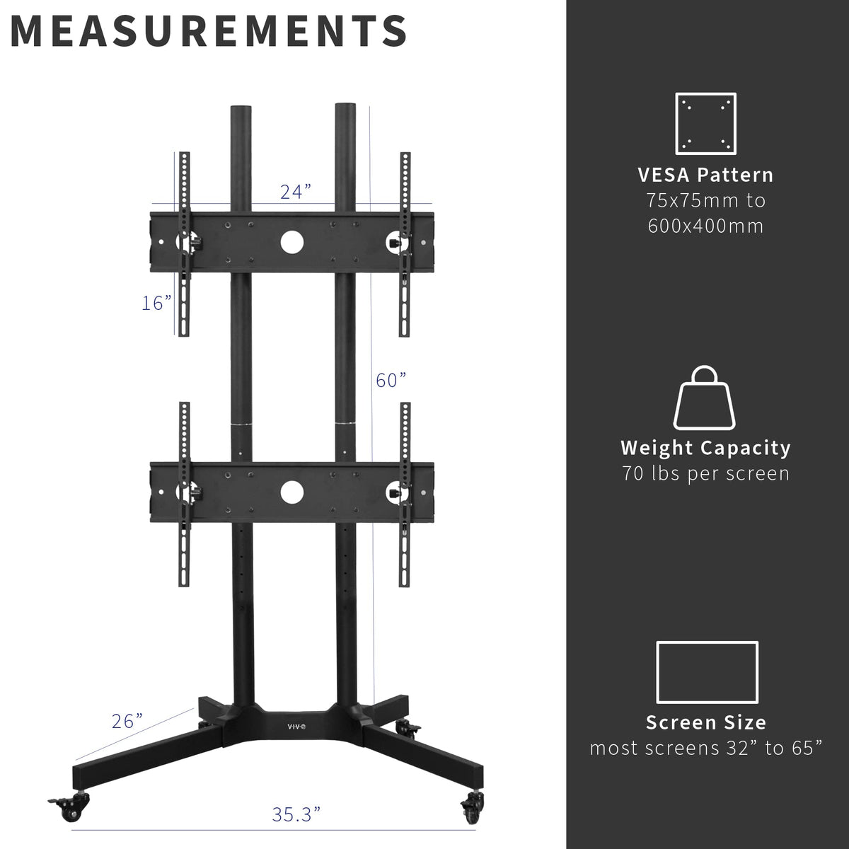 Mobile TV Cart for 32 to 65 inch Dual Screens, Rolling Stand with Locking Wheels, Black I587
