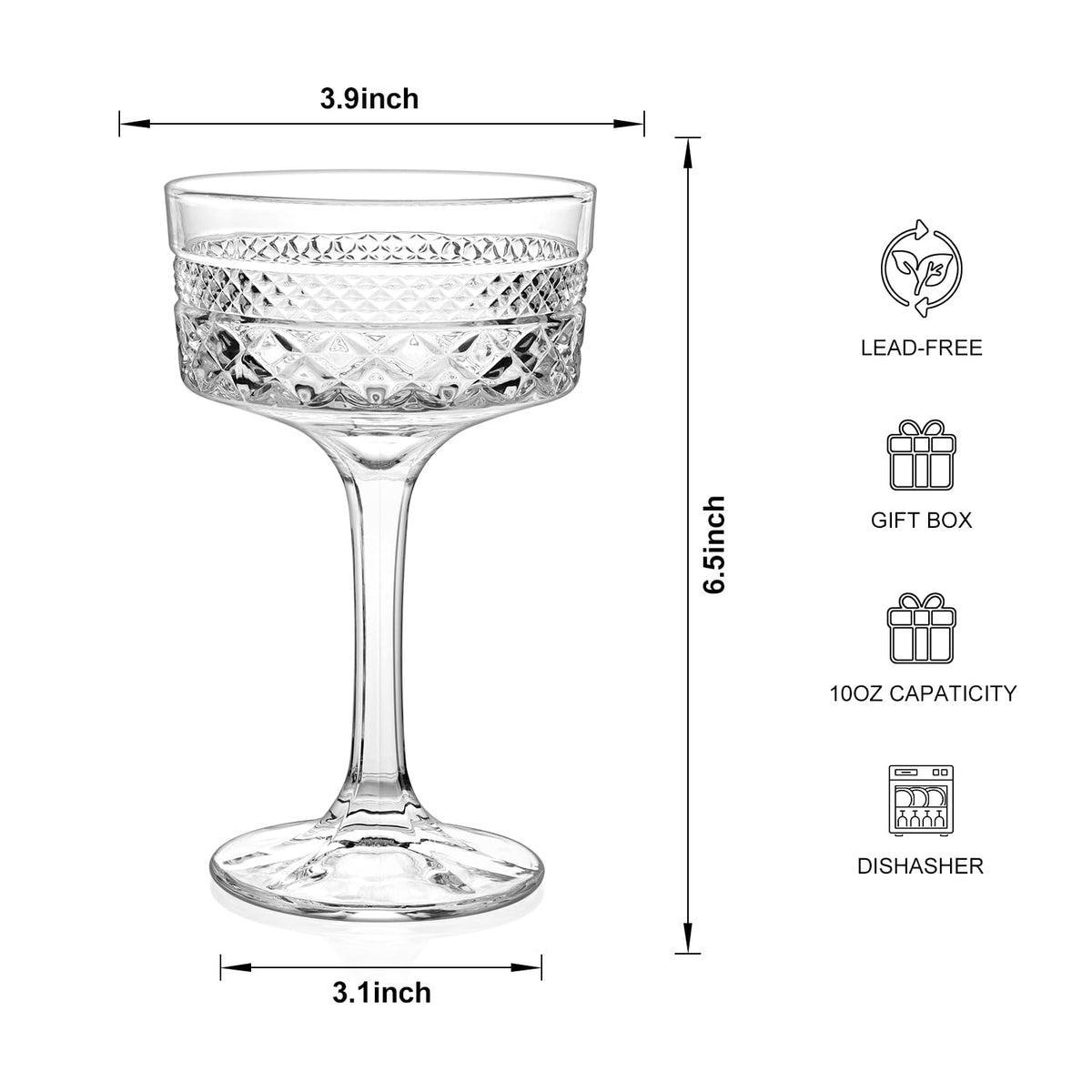 6 Pcs 10 oz Ribbed Coupe Cocktail Glasses Set T786210
