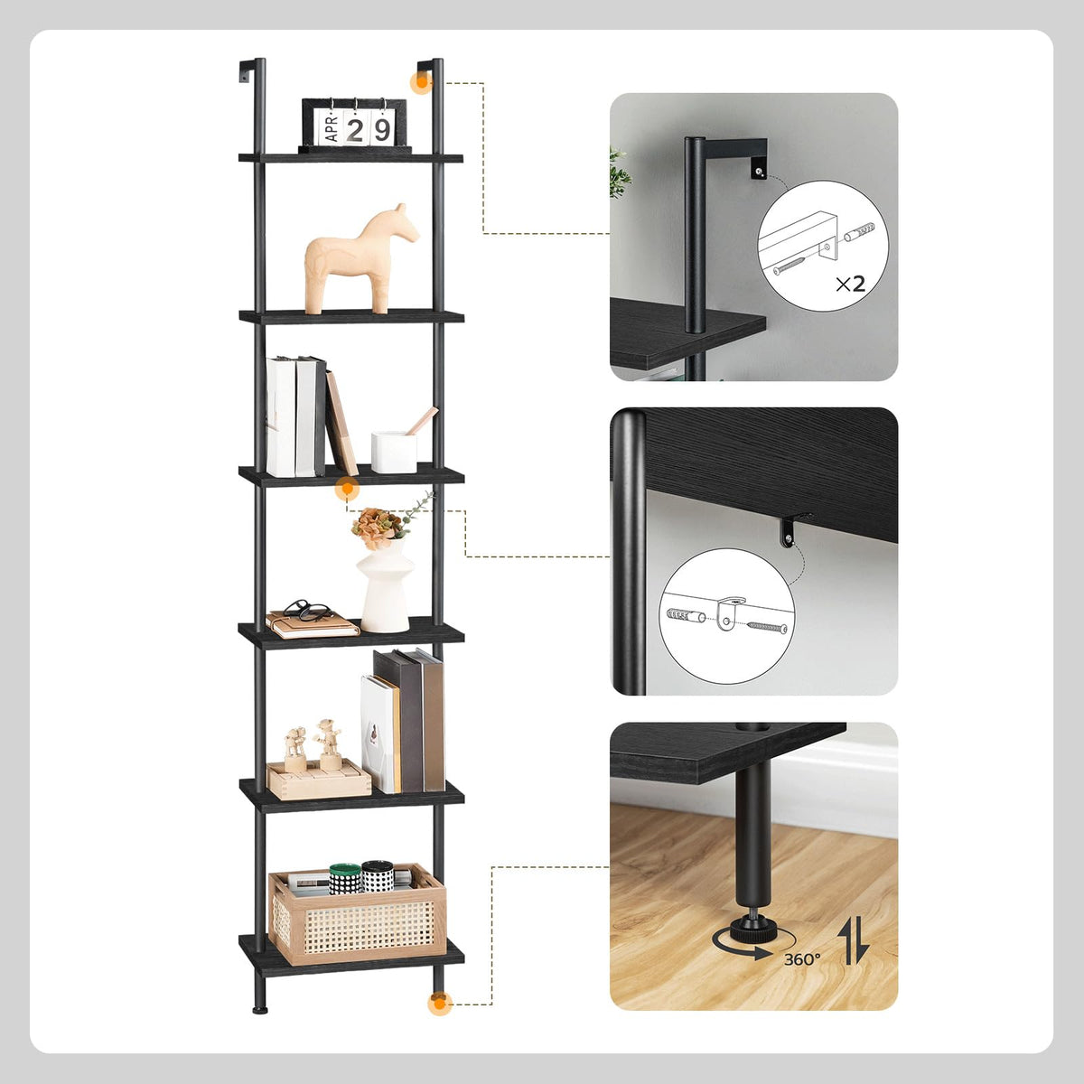 Black 6-Tier Wooden Wall Mounted Ladder Shelf H657