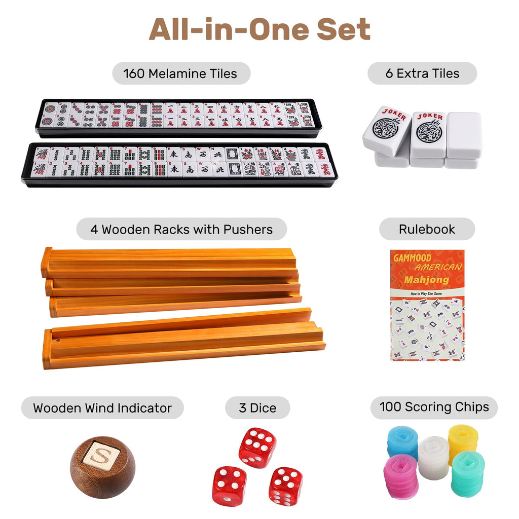 166 White Tiles Mahjong Game Set with Wooden Racks and Carrying Bag J1559