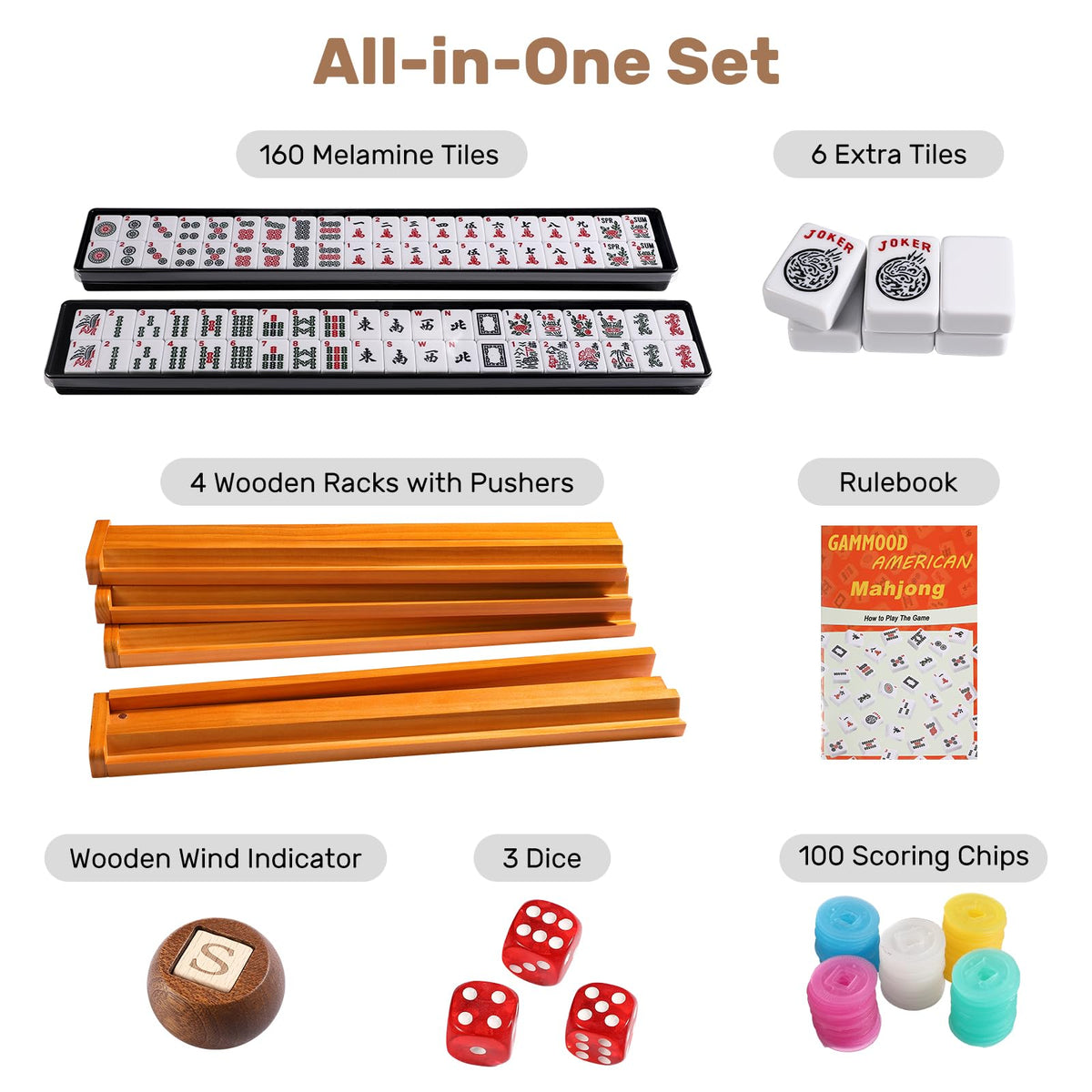166 White Tiles Mahjong Game Set with Wooden Racks and Carrying Bag J1559
