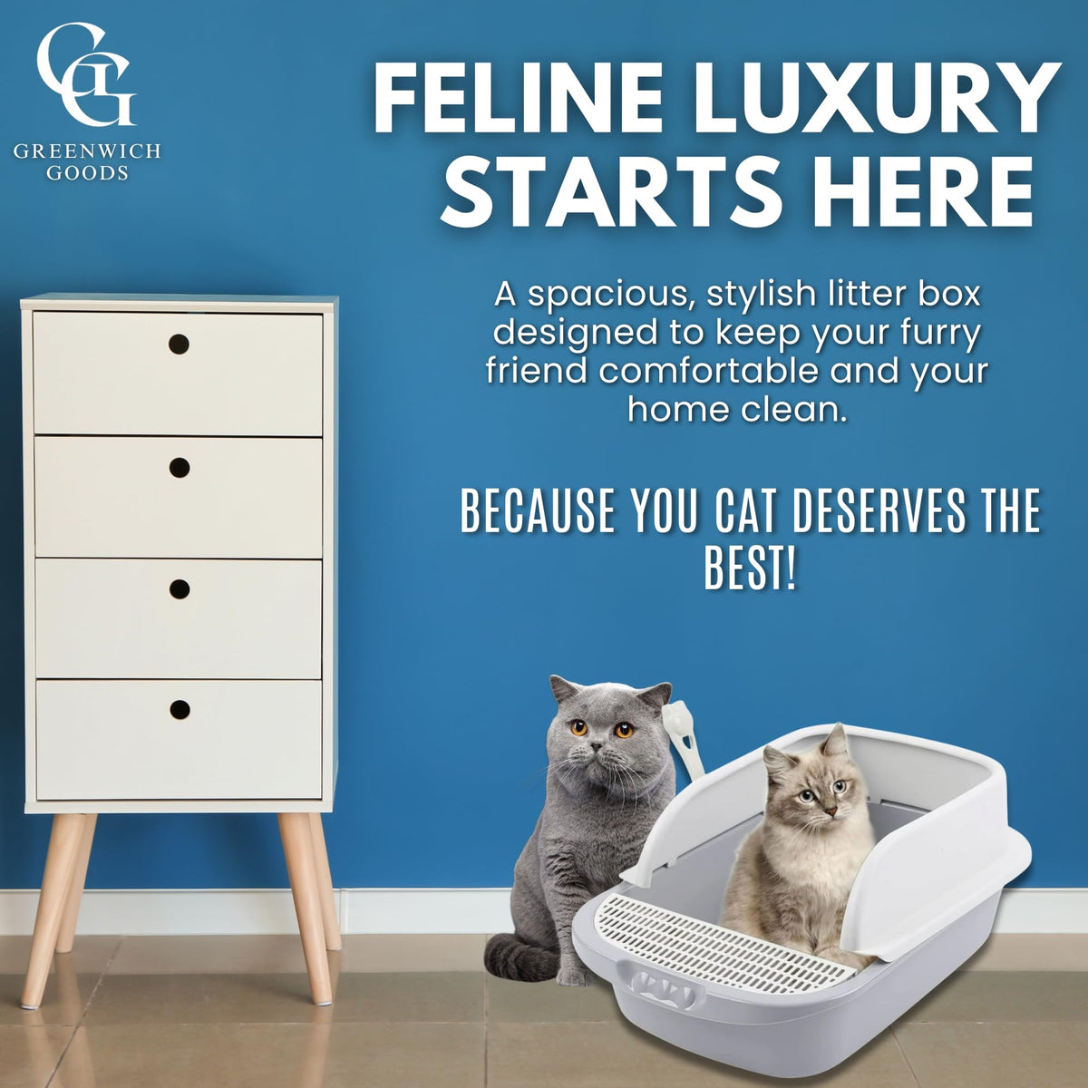 Large Open-Top Cat Litter Box with High Sides and Scoop I121979