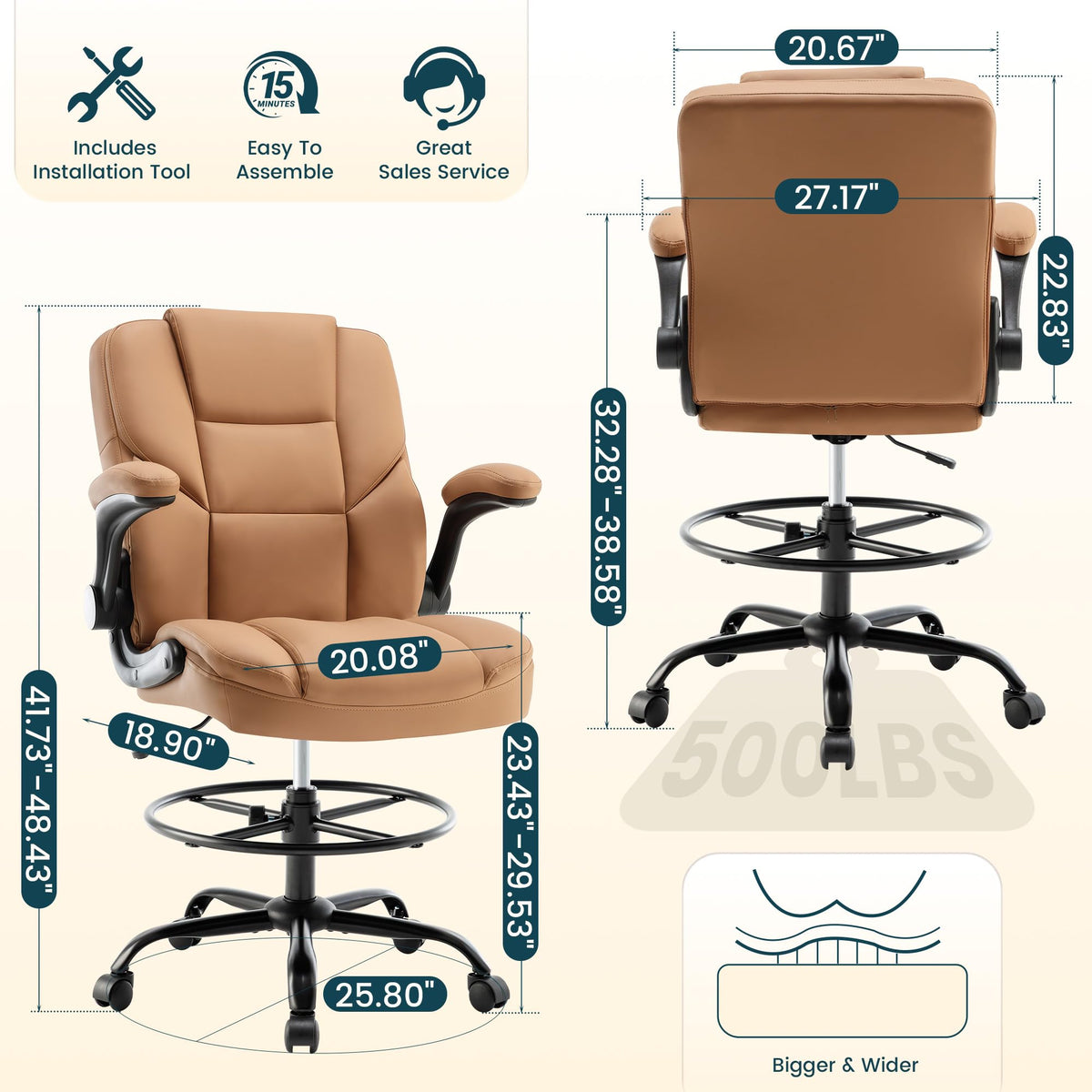 Brown PU Leather Drafting Chair with Flip-up Armrests B240