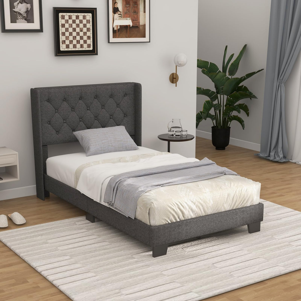 Twin Fabric Upholstered Platform Bed with Wingback Button Tufted Headboard N827049