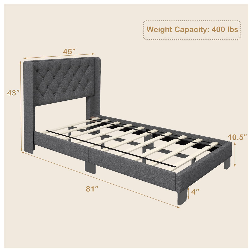 Twin Fabric Upholstered Platform Bed with Wingback Button Tufted Headboard N827049