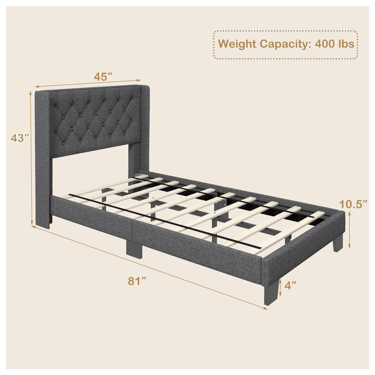 Twin Fabric Upholstered Platform Bed with Wingback Button Tufted Headboard N827049