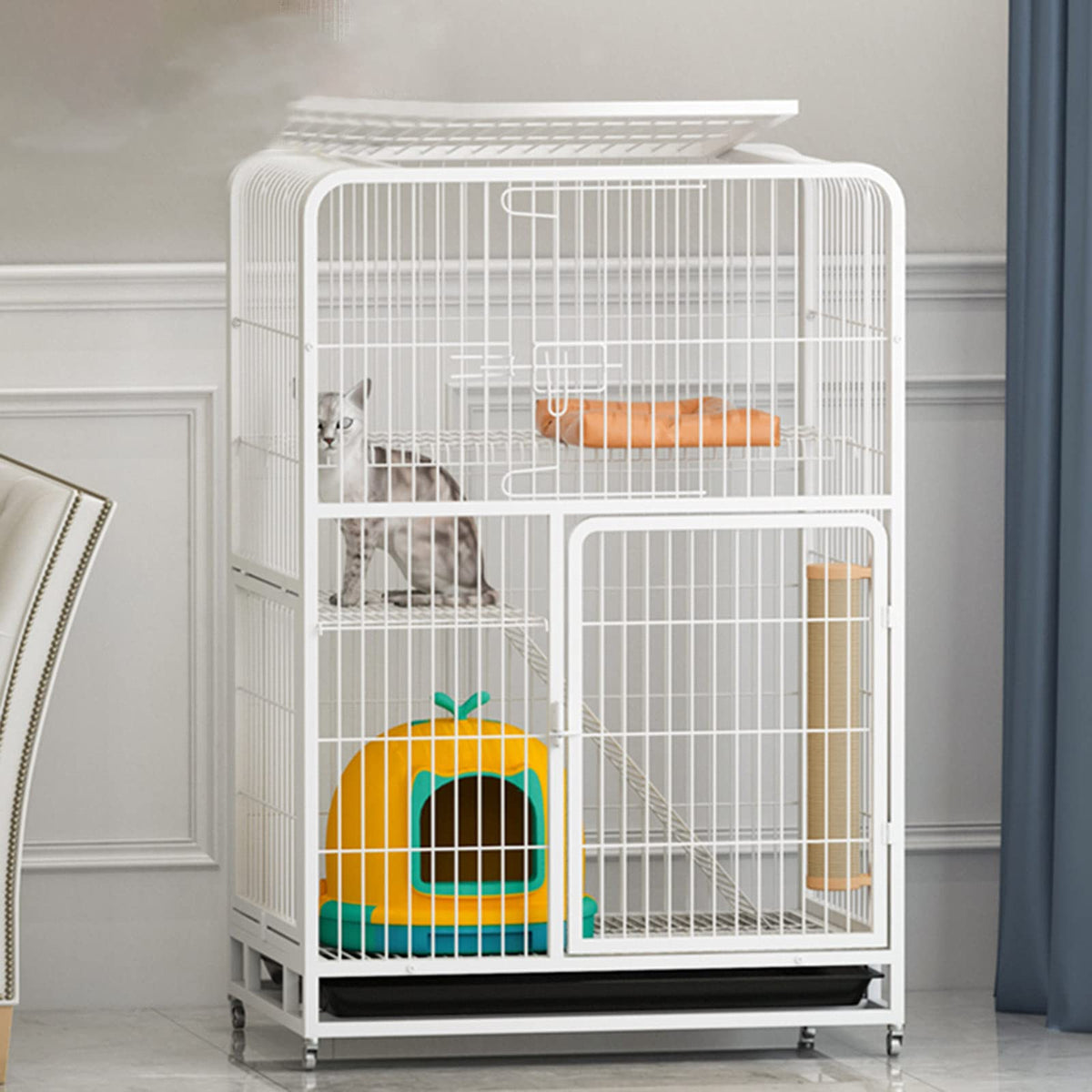 3-Tier Metal Wire Cat Cage with Hammock and Casters U8905