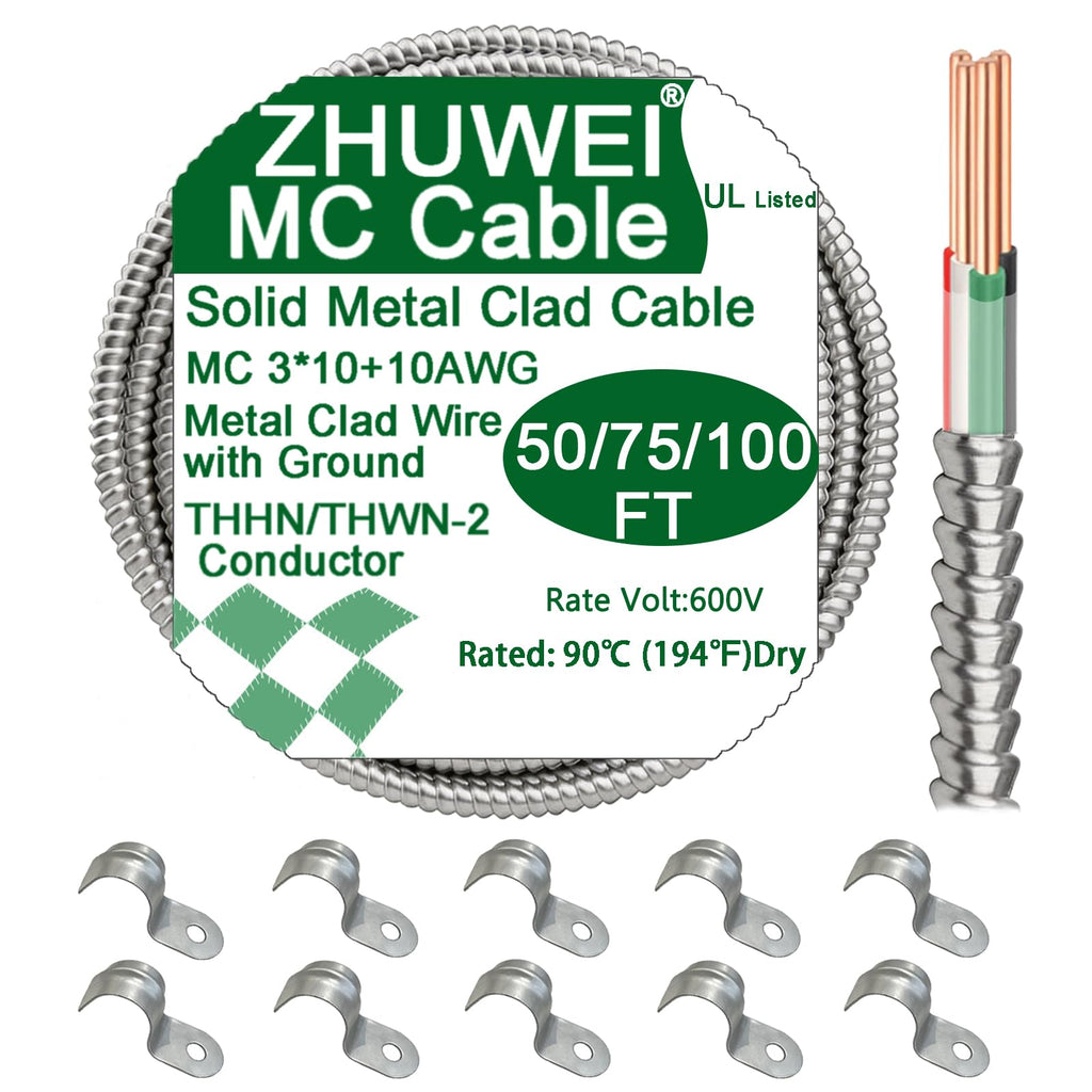 10 AWG Metal Clad Cable with Ground 50FT P267959