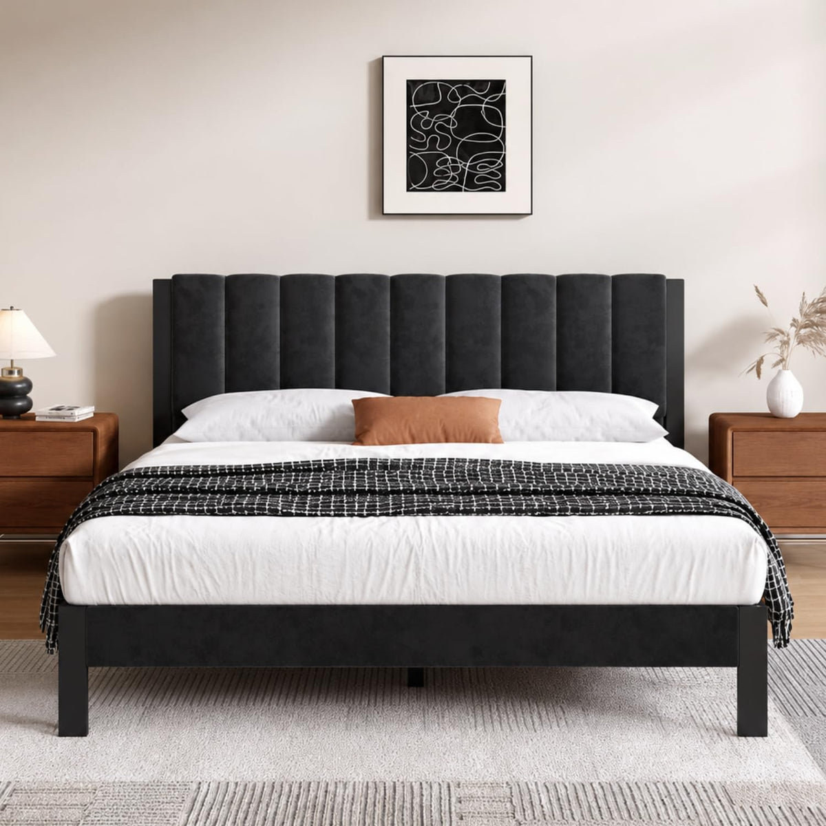 Twin Size Metal Platform Bed Frame with Velvet Headboard and Footboard M286
