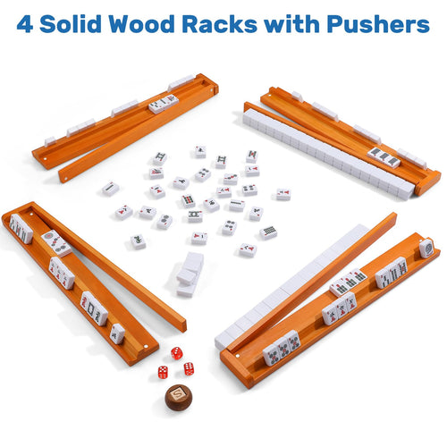 166 White Tiles Mahjong Game Set with Wooden Racks and Carrying Bag J1559