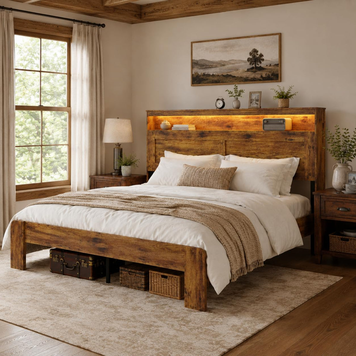 King Size Wooden Bed Frame with Storage Headboard S24291
