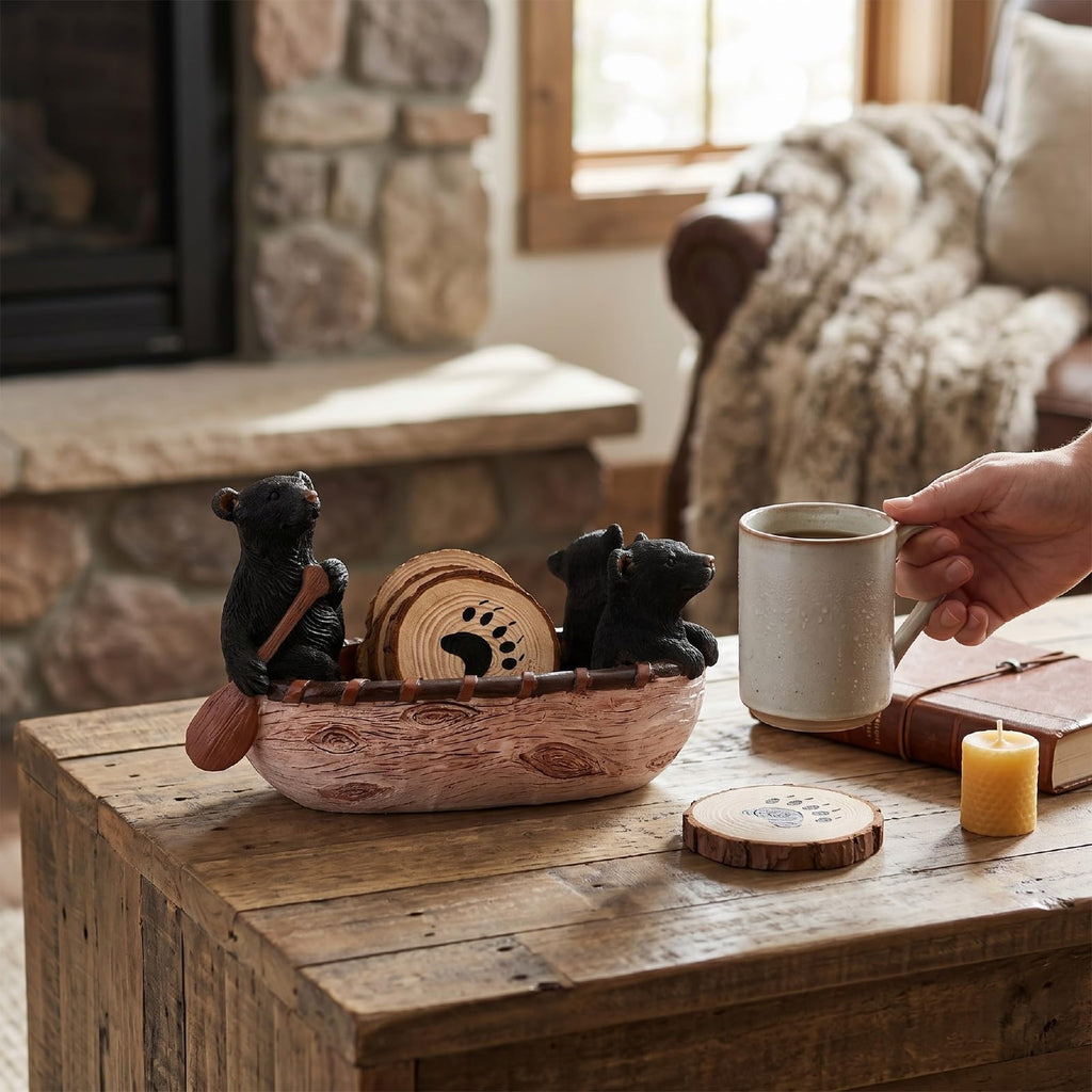 Set of 6 Black Bear Coaster Set with Canoe Holder W189