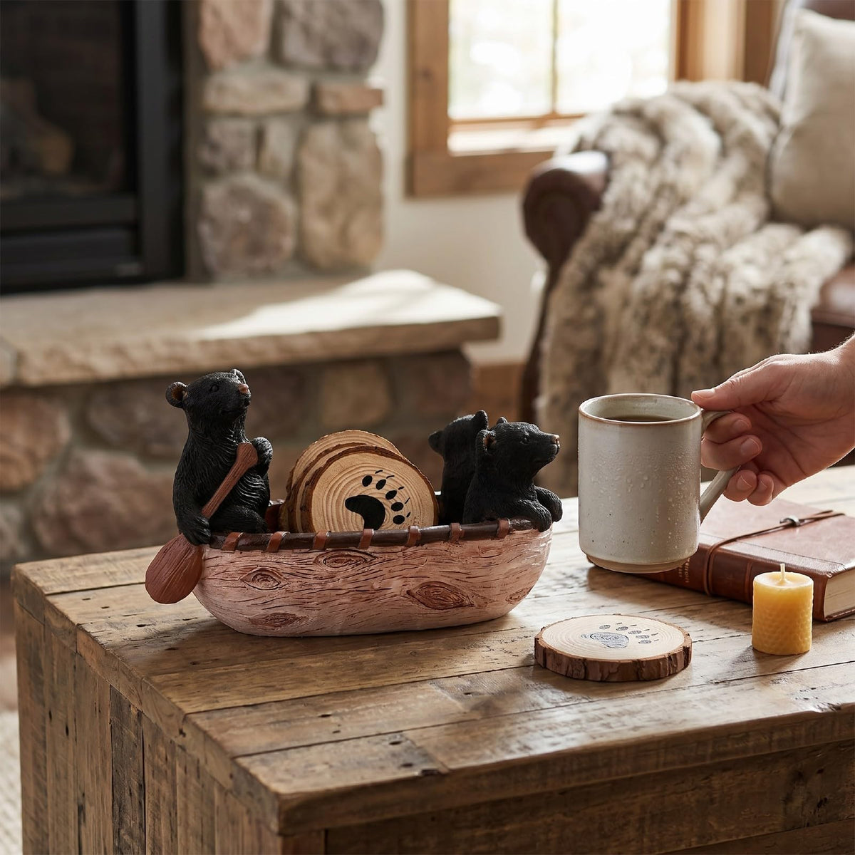 Set of 6 Black Bear Coaster Set with Canoe Holder W189