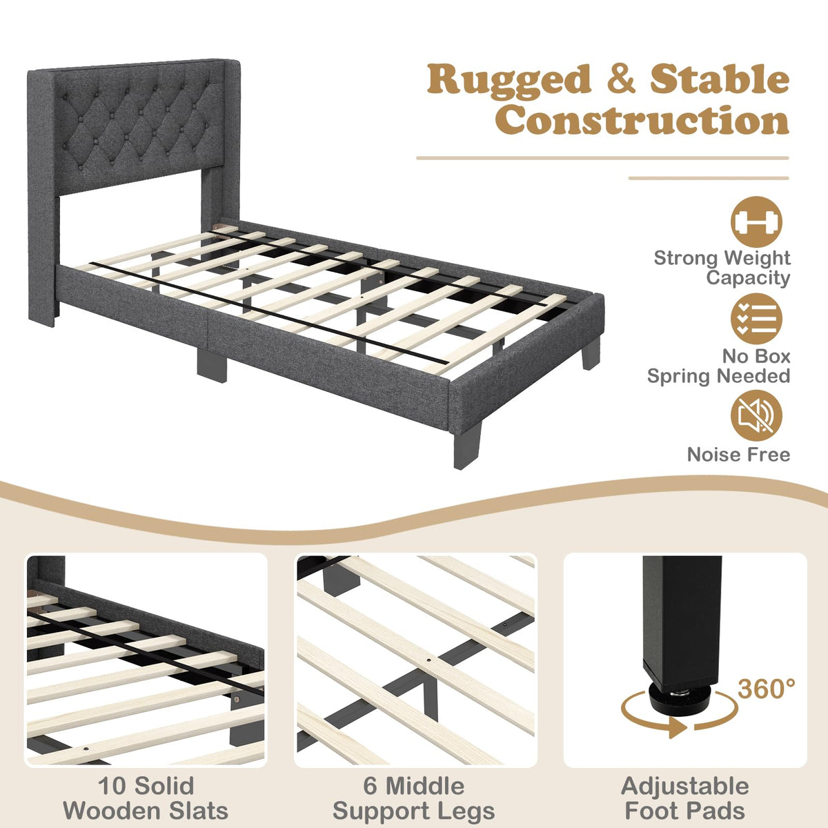 Twin Fabric Upholstered Platform Bed with Wingback Button Tufted Headboard N827049