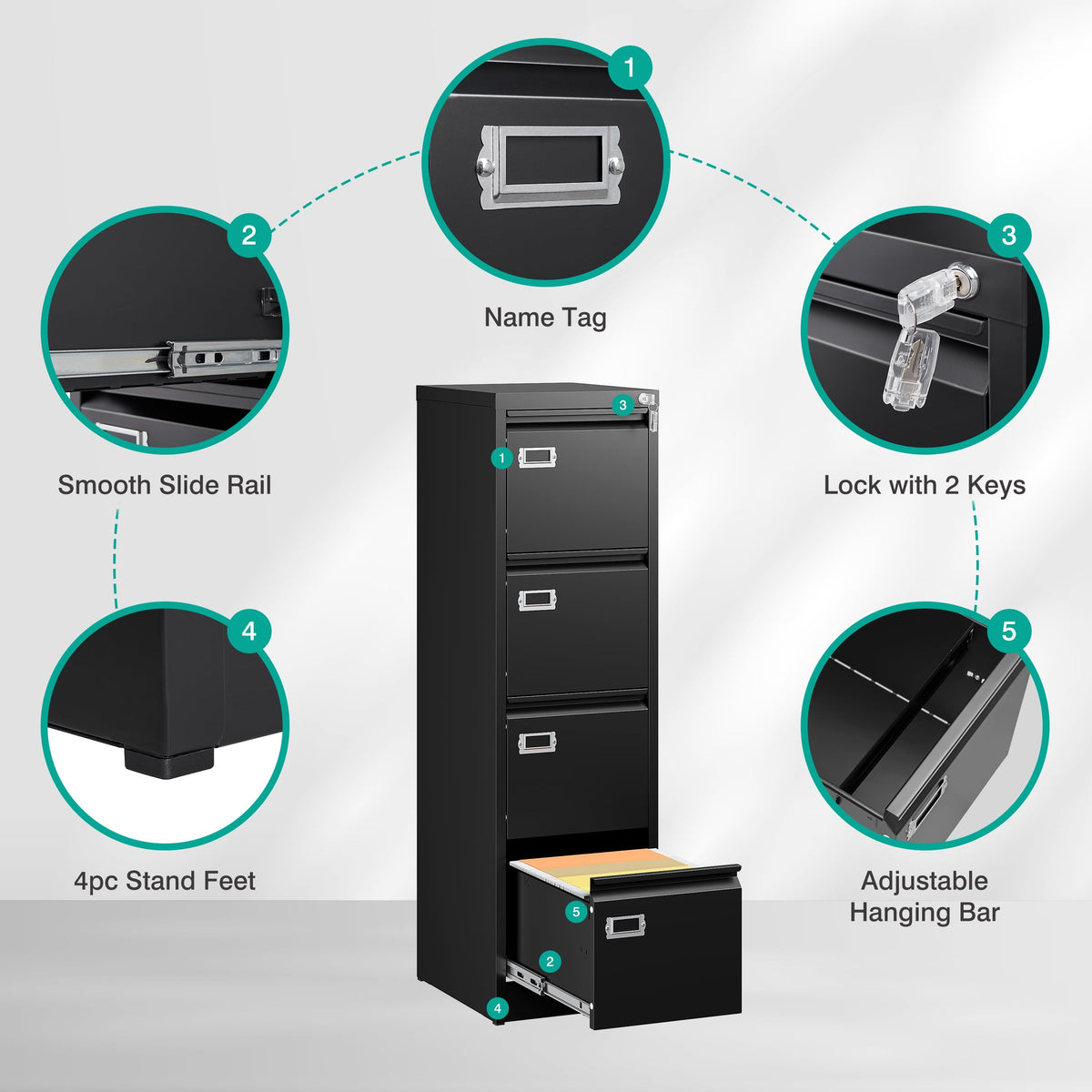 4 Drawer Black Metal File Cabinet with Lock R30518