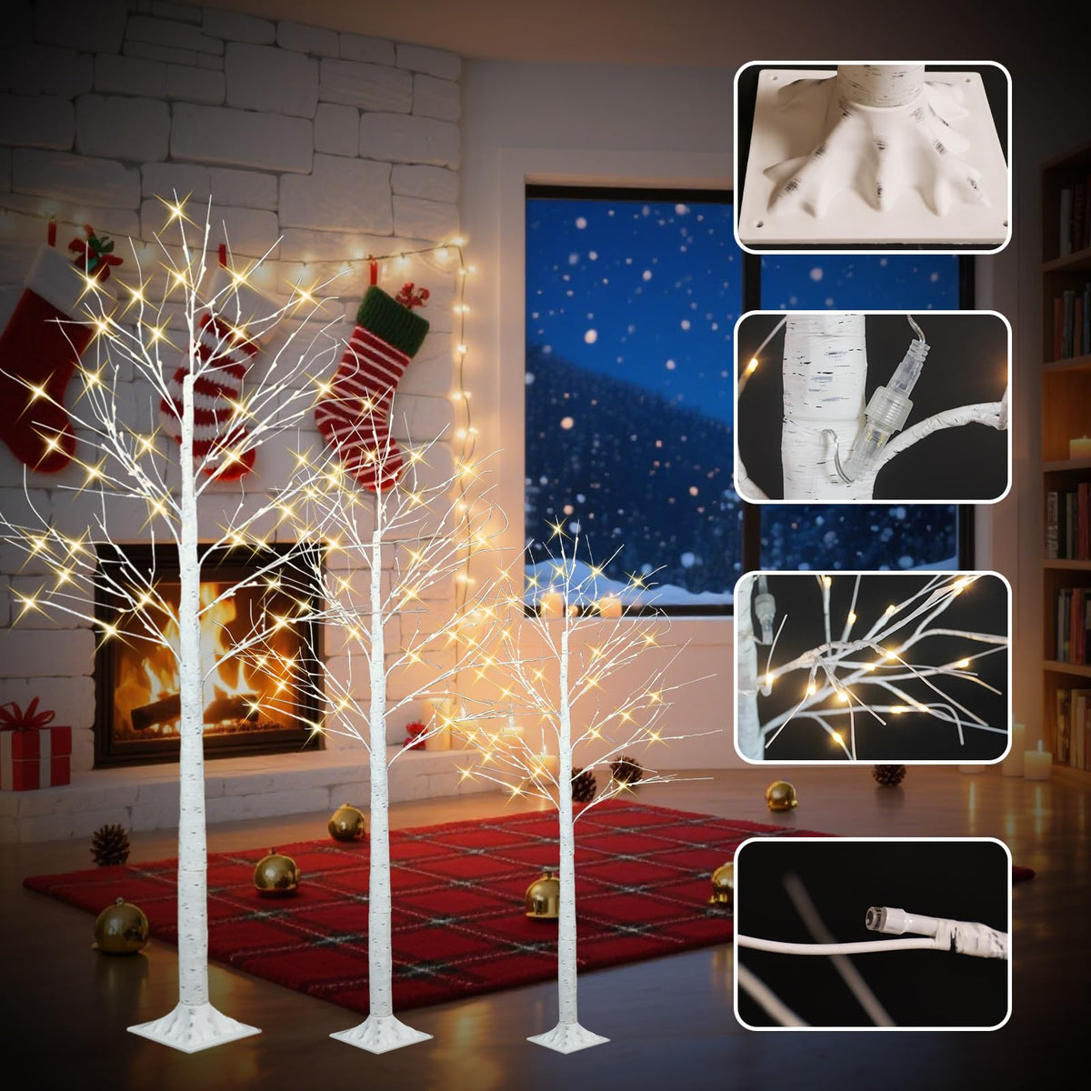 4FT 6FT 8FT Lighted Artificial Birch Tree Set of 3 W7423