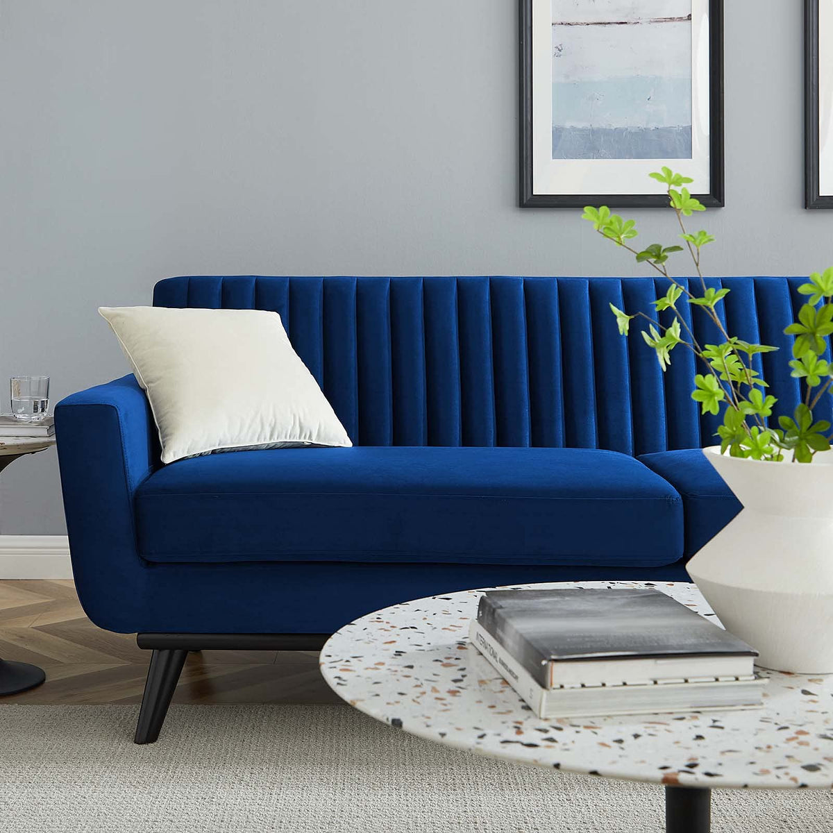 Navy Channel Tufted Performance Velvet Sofa X9382