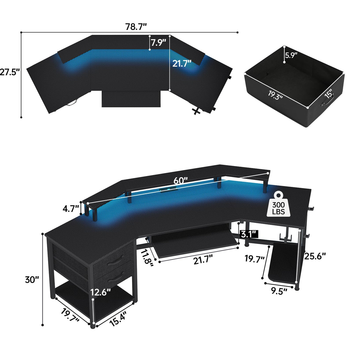 79" Gaming Desk with Fabric Drawers Storage B3522