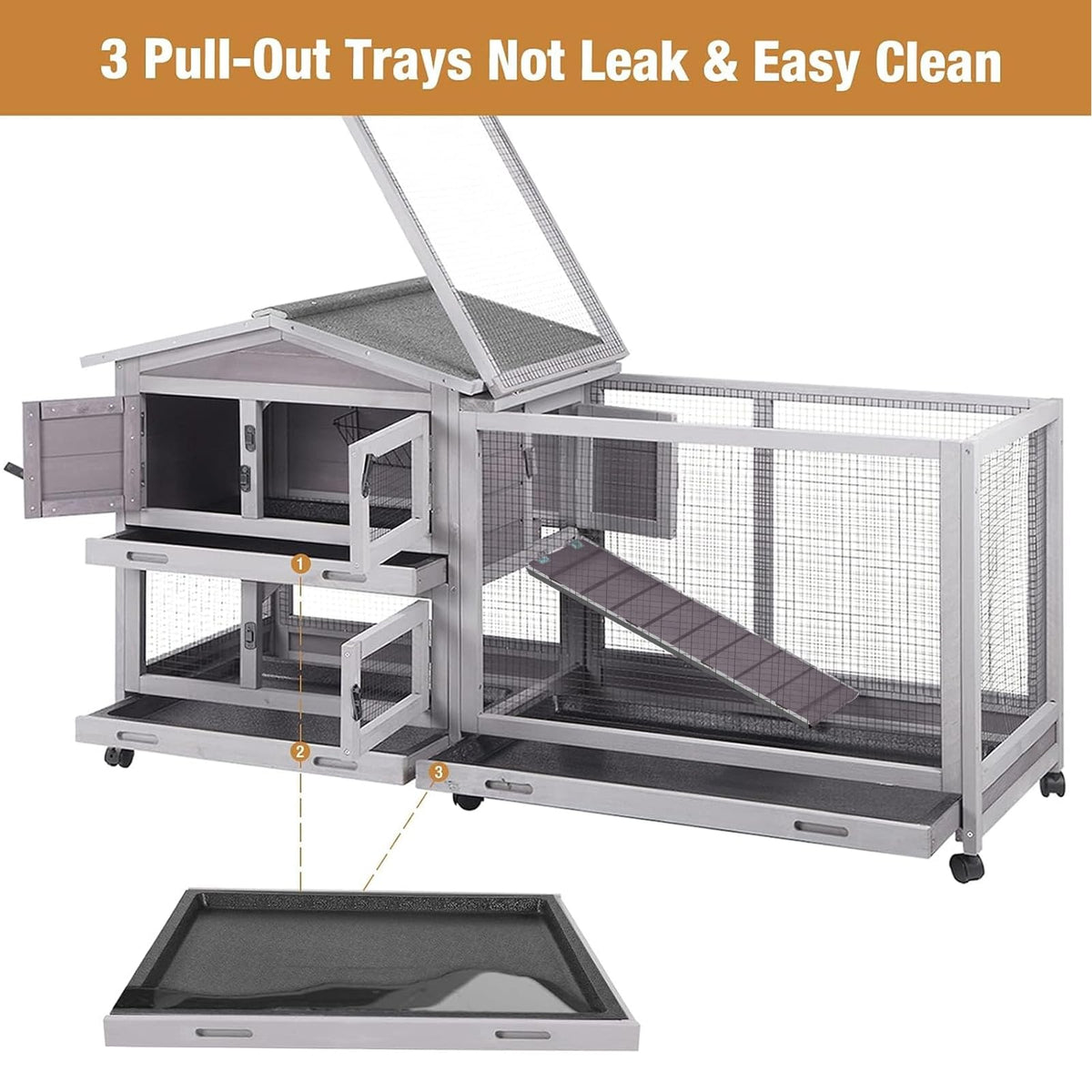 Indoor and Outdoor Rabbit Hutch with Casters Waterproof Roof G128