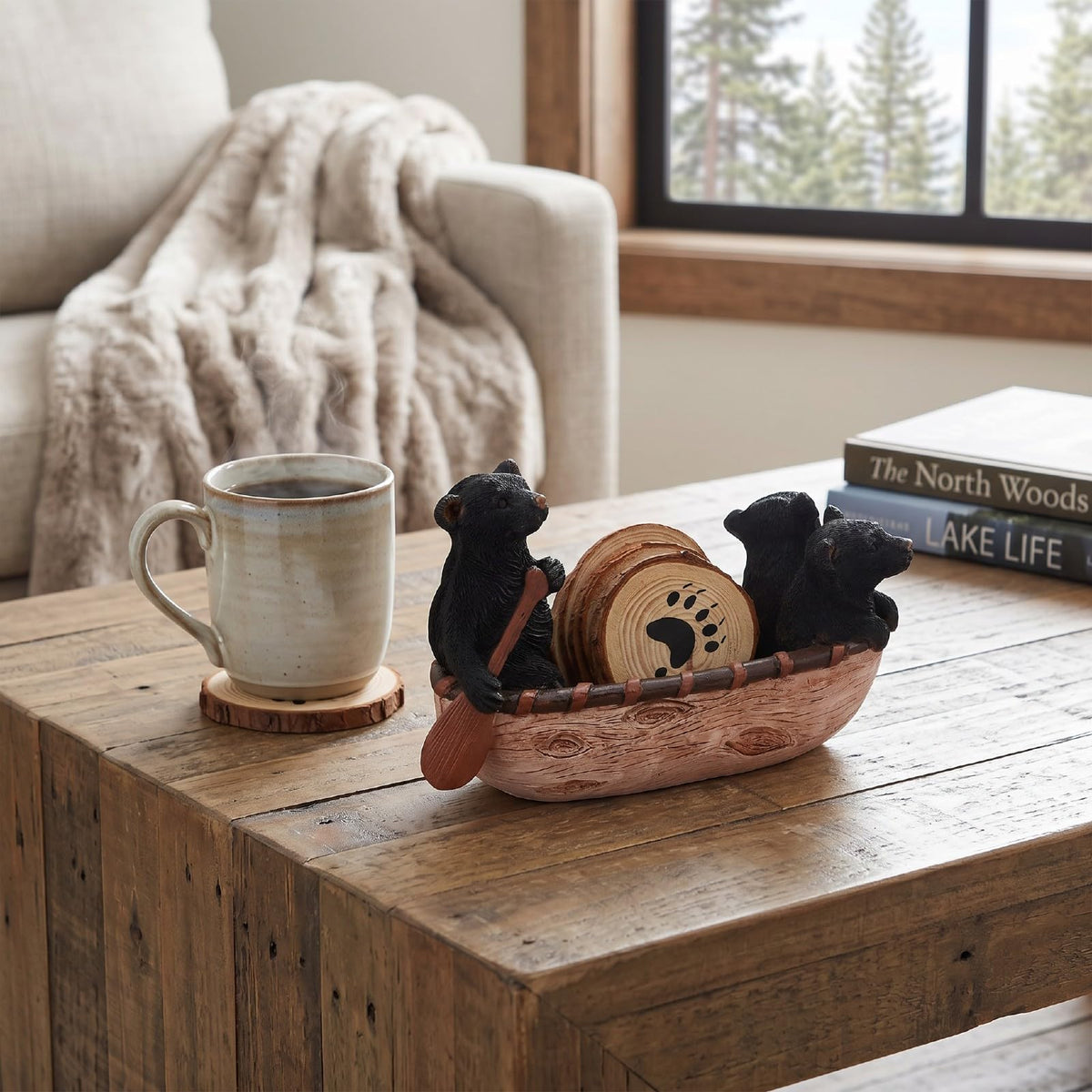 Set of 6 Black Bear Coaster Set with Canoe Holder W189