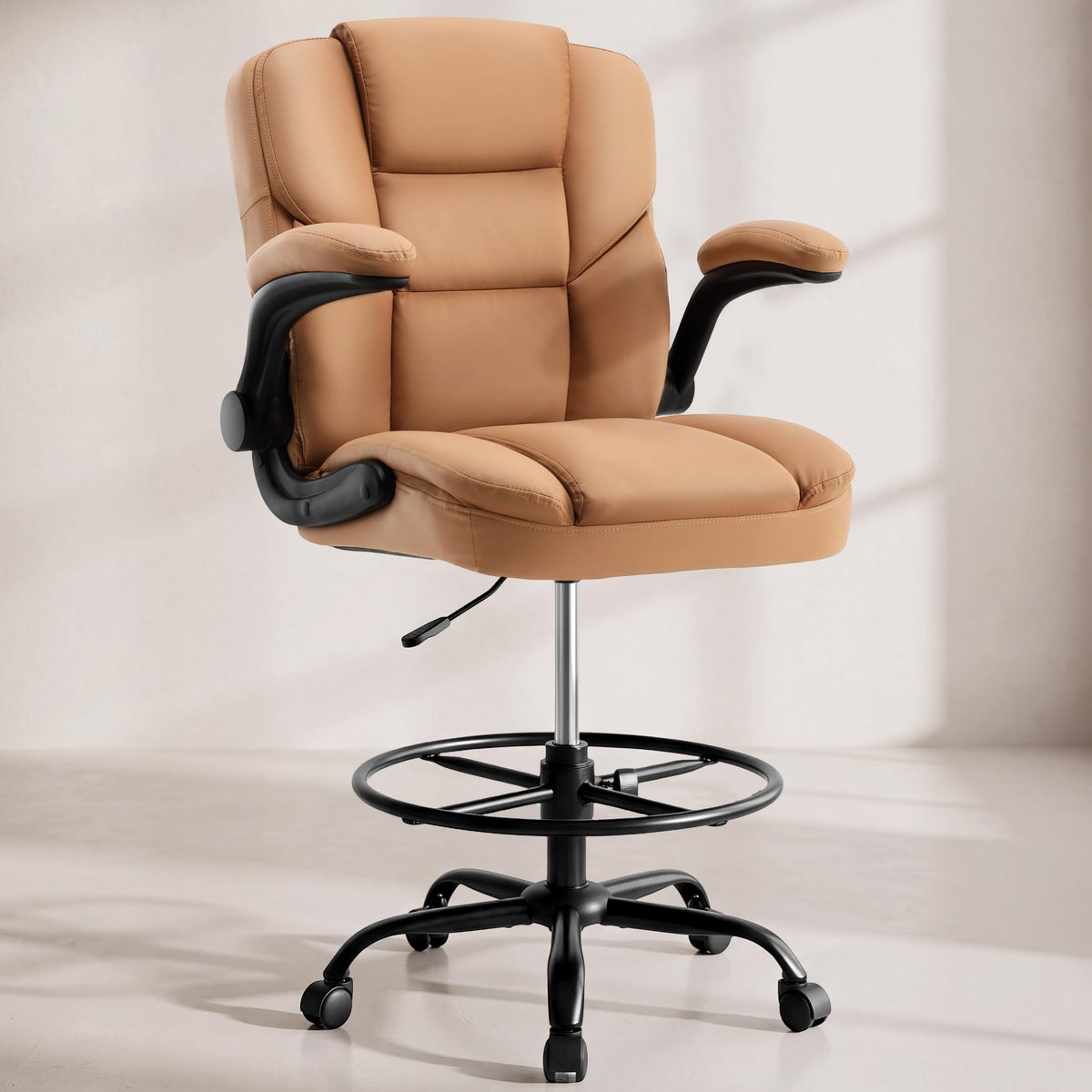 Brown PU Leather Drafting Chair with Flip-up Armrests B240