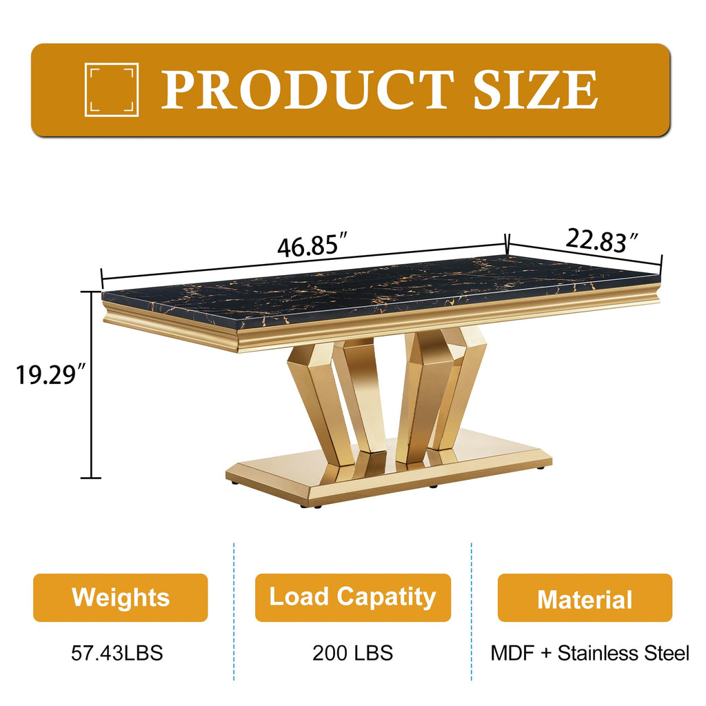 47" Faux Marble Rectangular Coffee Table with Mirrored Finish Stainless Steel Base P1515