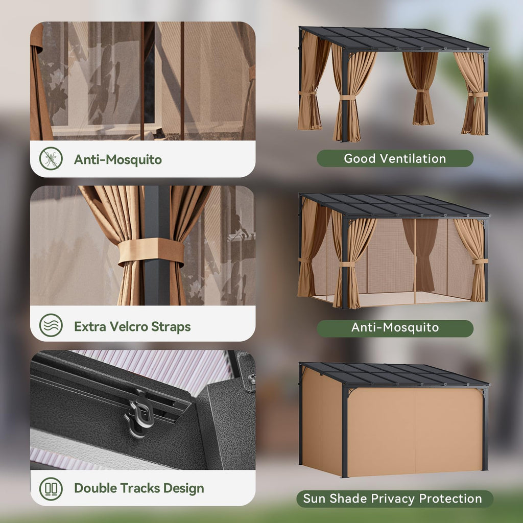 12'x10' Lean to Gazebo with Mosquito Net and Curtains, Brown H886682