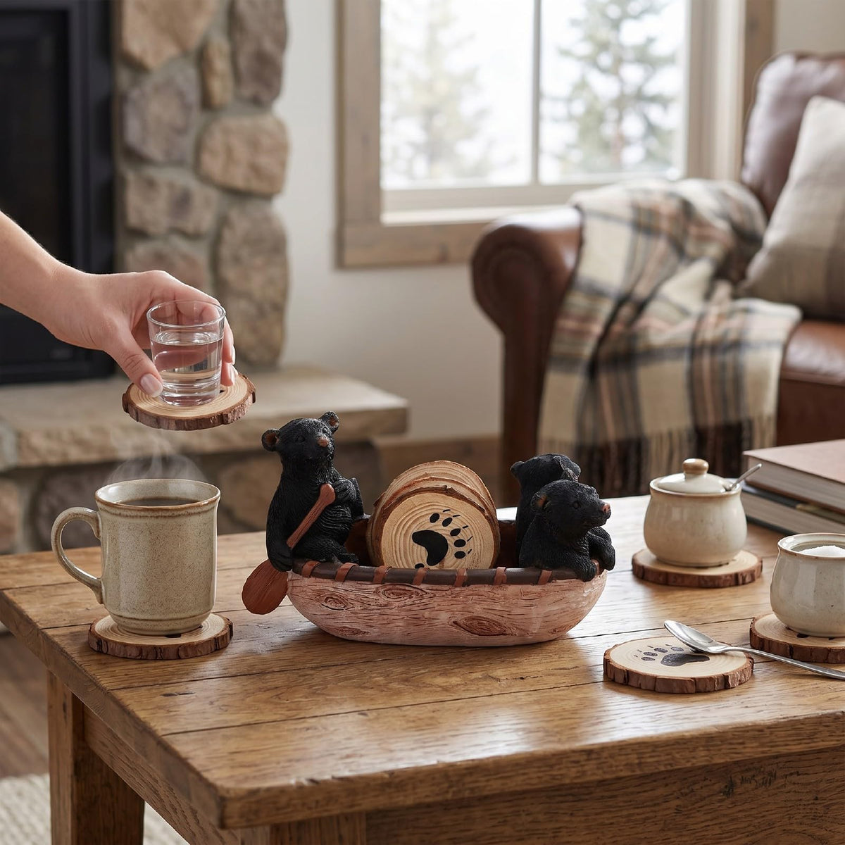 Set of 6 Black Bear Coaster Set with Canoe Holder W189