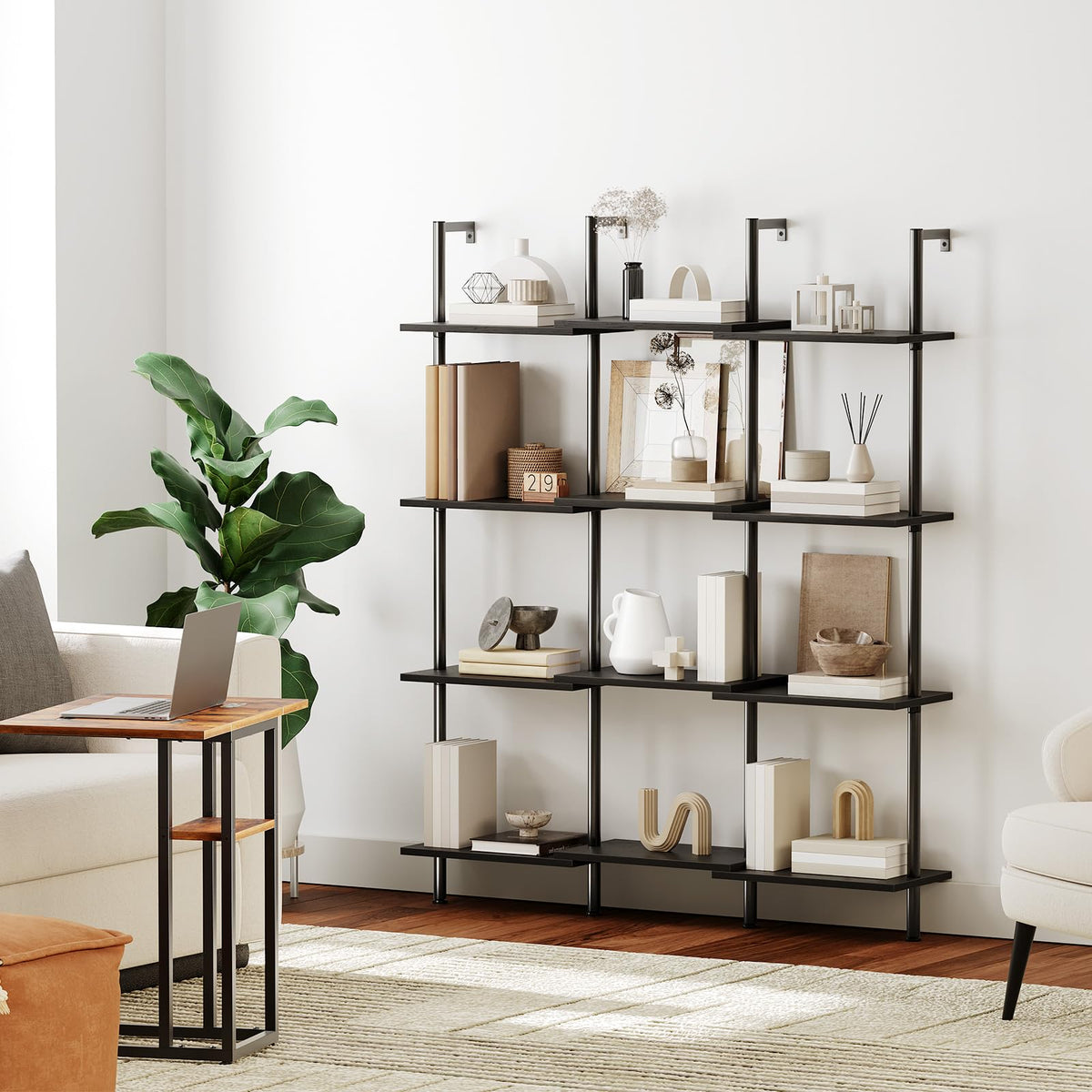 Black 6-Tier Wooden Wall Mounted Ladder Shelf H657
