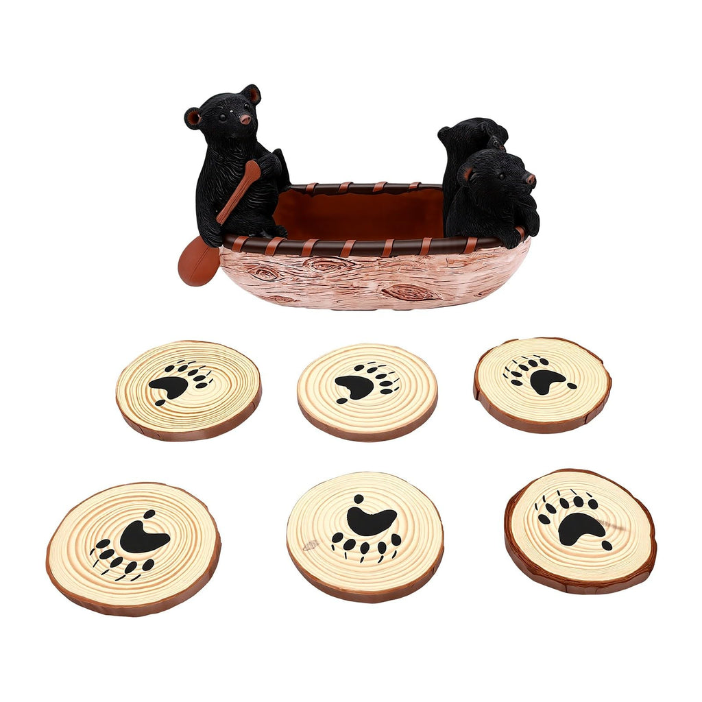 Set of 6 Black Bear Coaster Set with Canoe Holder W189