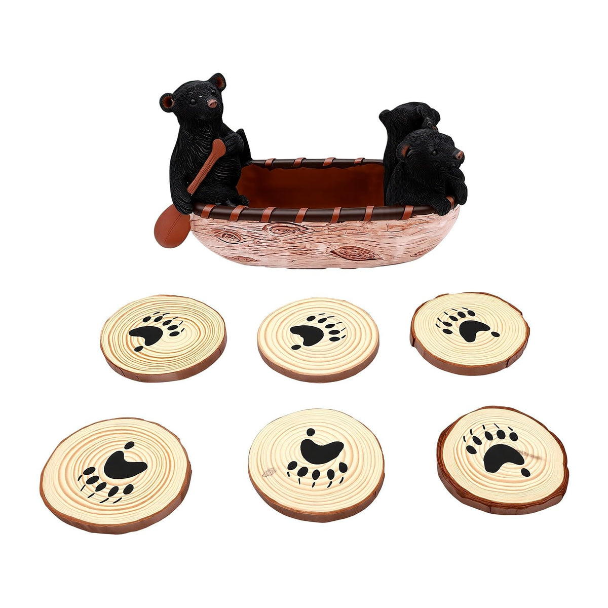 Set of 6 Black Bear Coaster Set with Canoe Holder W189