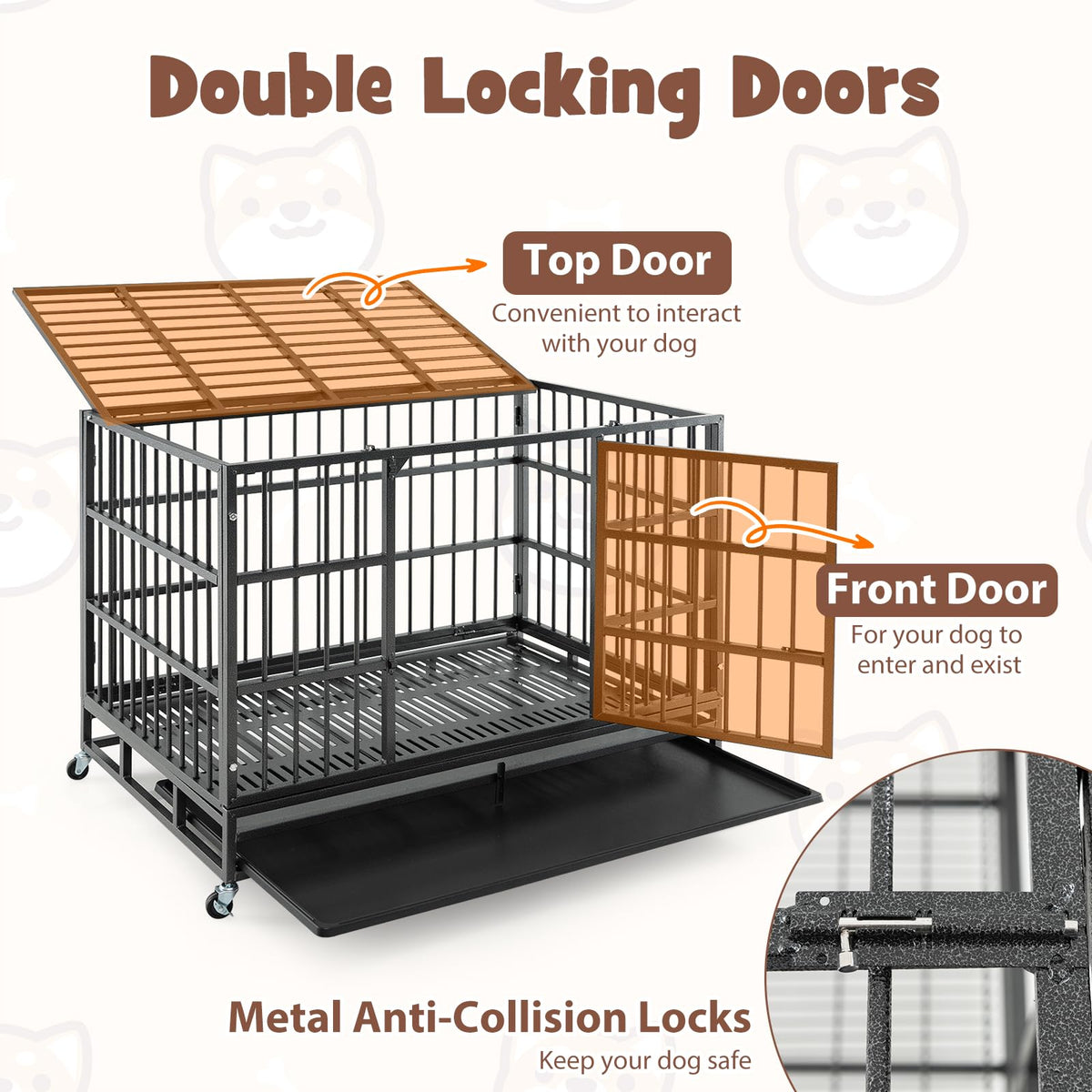 48 Inch Foldable Metal Dog Crate with 2 Lockable Doors I359405