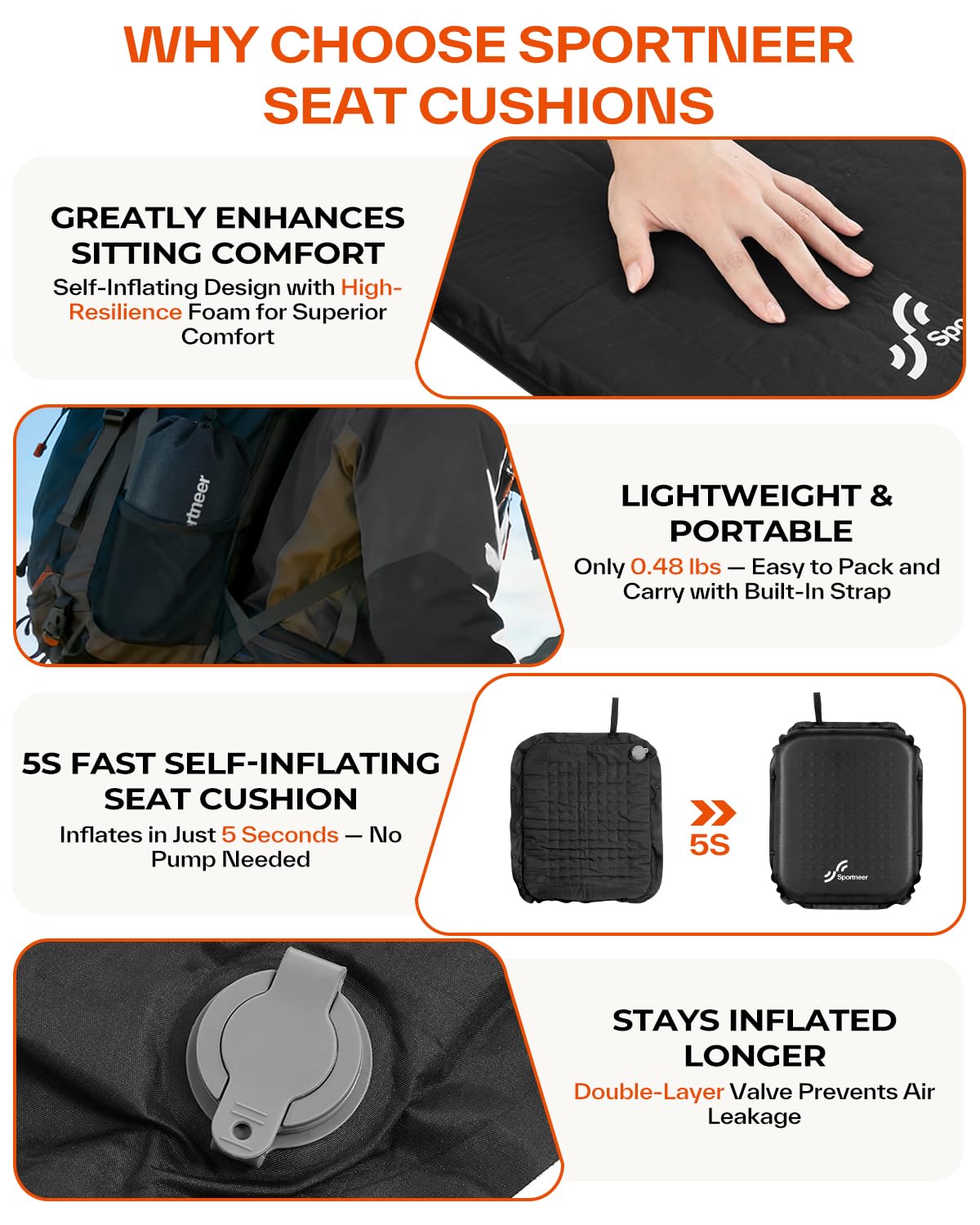 Inflatable Self-Inflating 2" High Rebound Foam Seat Cushion, 2 Pack E84591