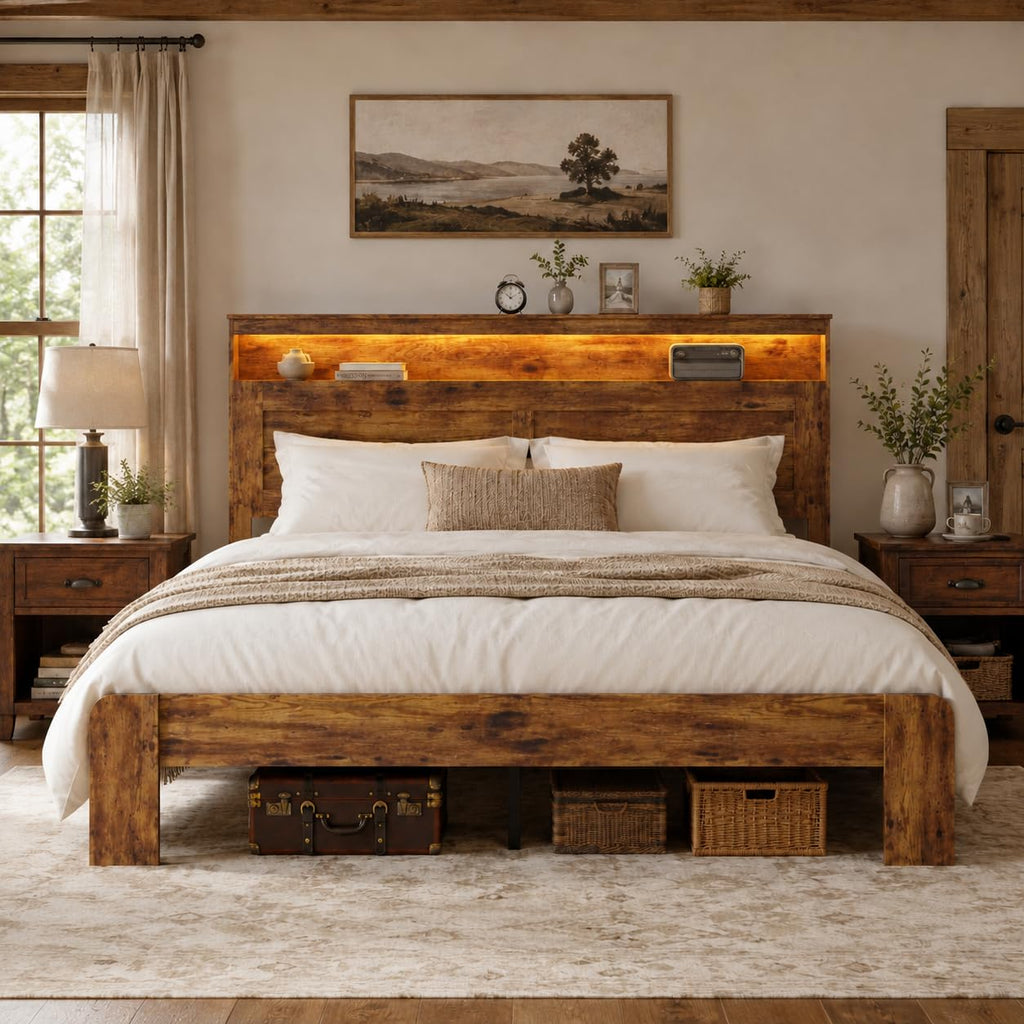 King Size Wooden Bed Frame with Storage Headboard S24291