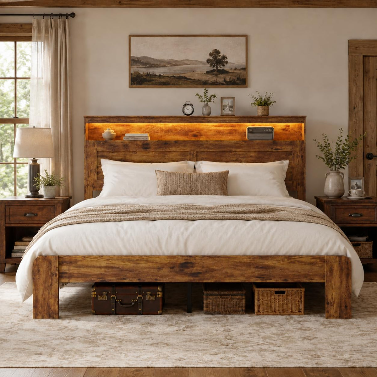 King Size Wooden Bed Frame with Storage Headboard S24291
