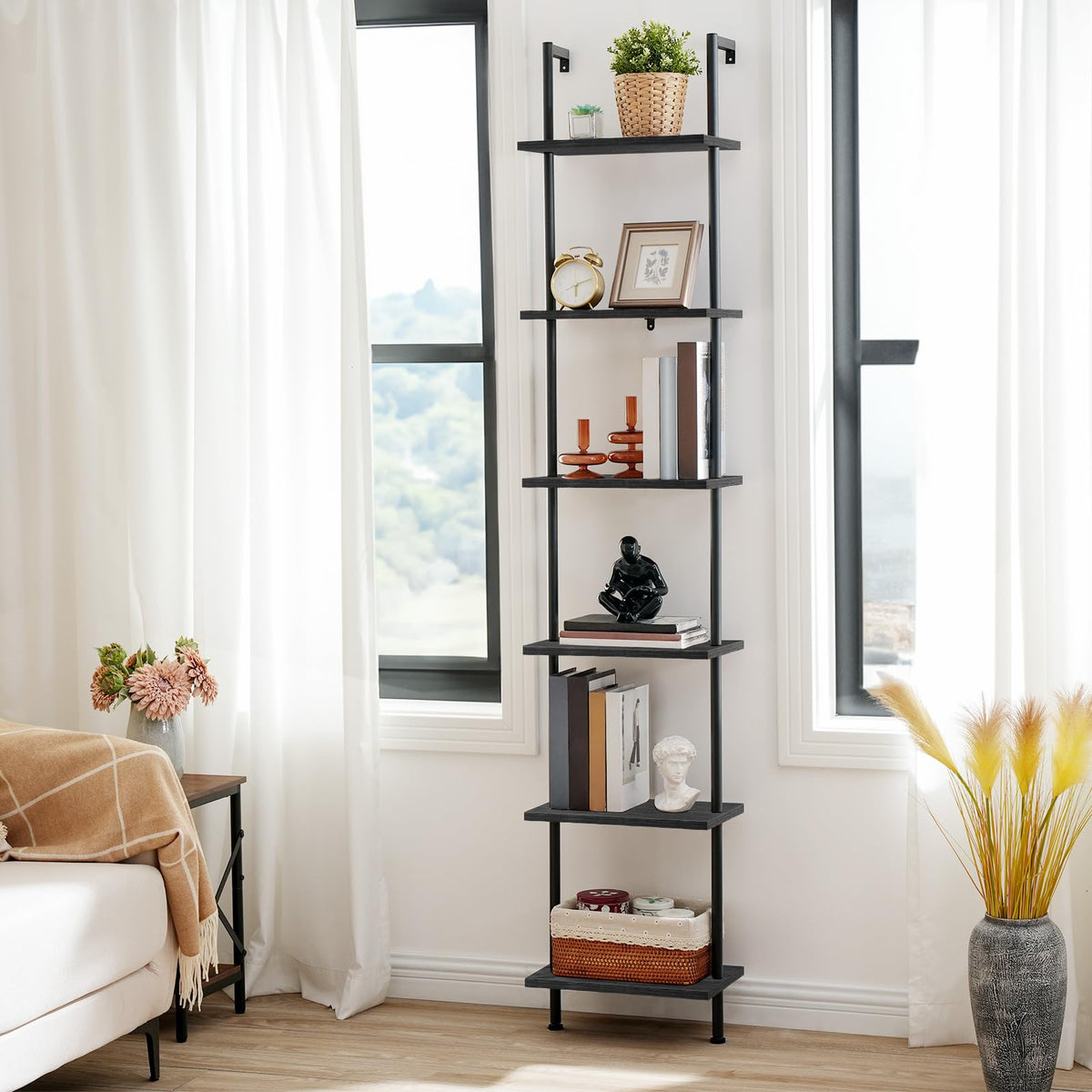 Black 6-Tier Wooden Wall Mounted Ladder Shelf H657