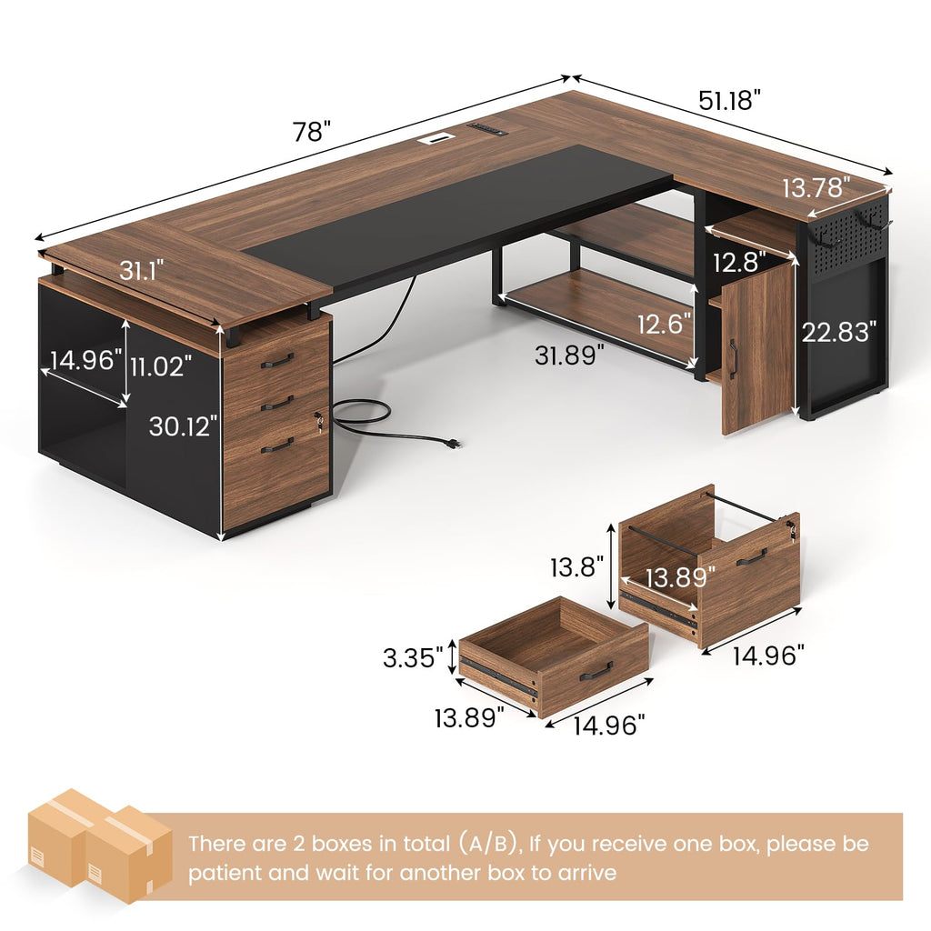 78" Walnut L Shaped Executive Desk with File Cabinet and Outlets X1003
