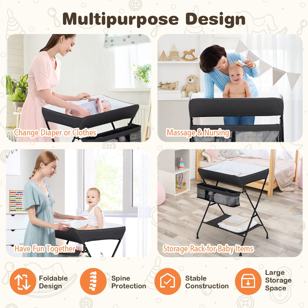 Portable Baby Changing Table with Safety Belt Black Y710656