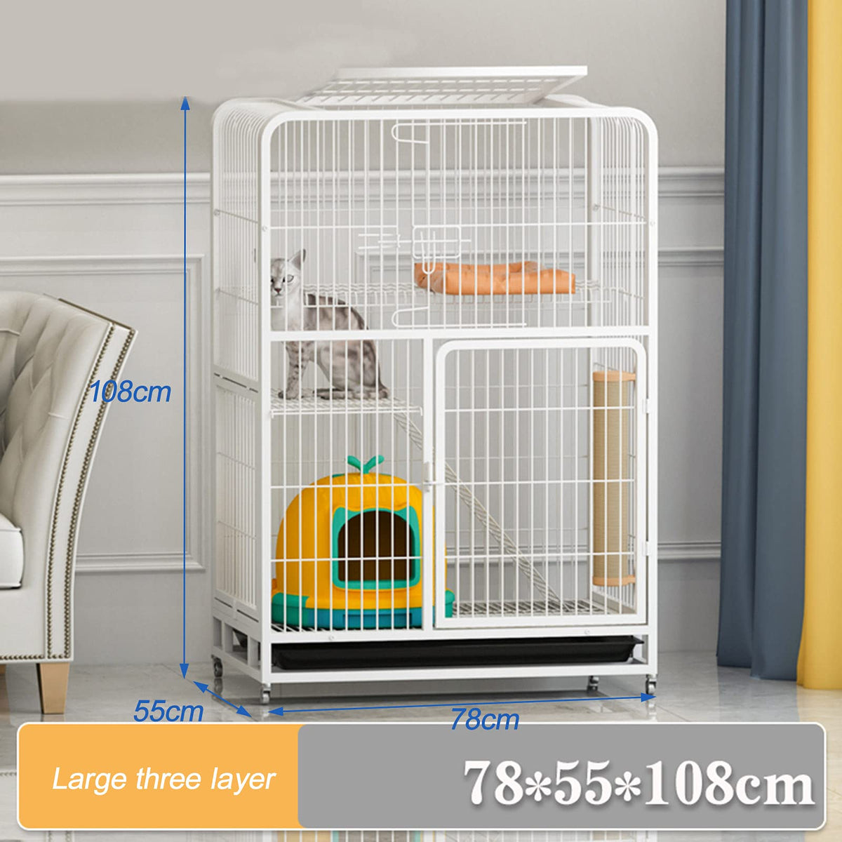 3-Tier Metal Wire Cat Cage with Hammock and Casters U8905